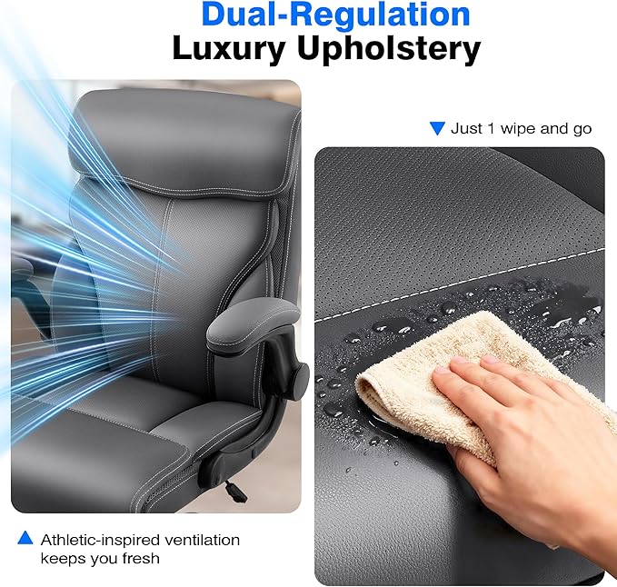 Office Chair - Executive High Back Breathable Comfy Desk Chair with Lumbar Support - Ergonomic Leather Rolling Swivel Computer Chair with Rock Function for Working Studying Gaming Relaxing