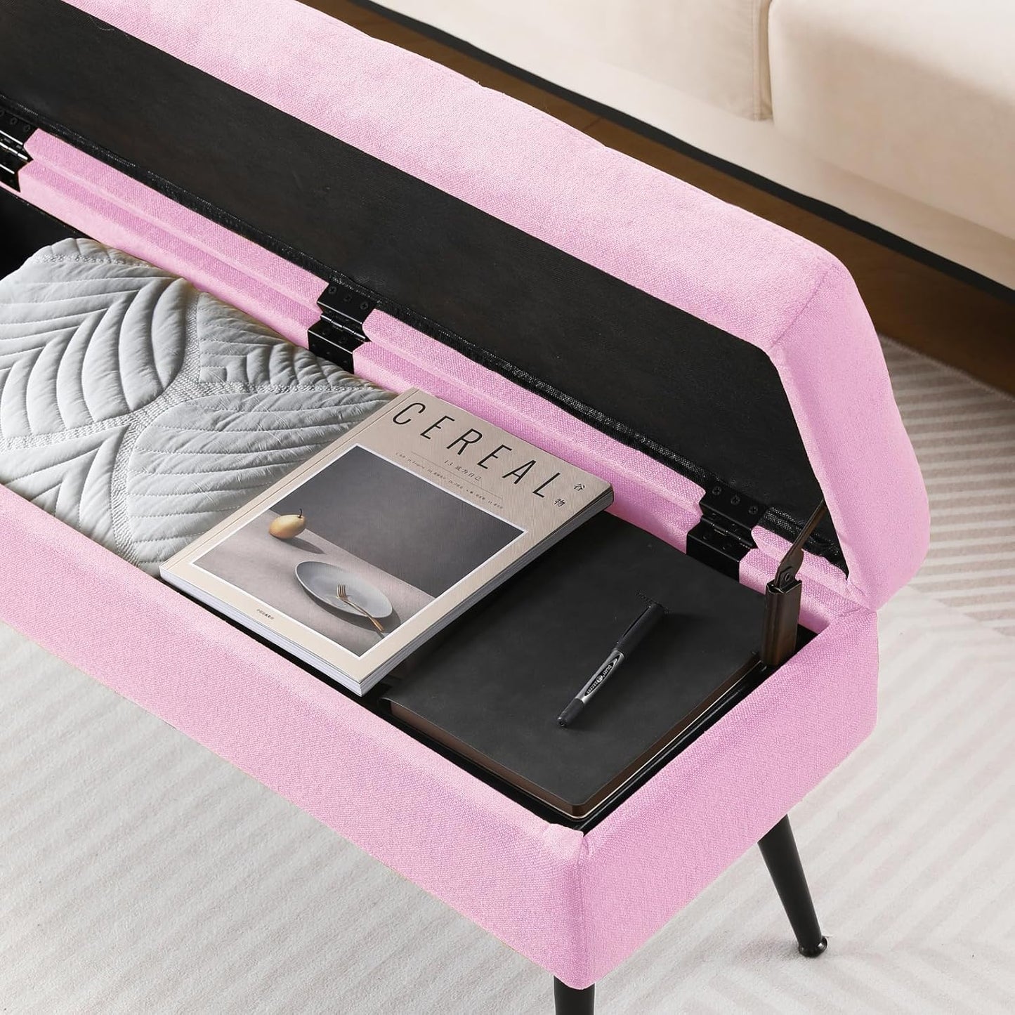 CUYOCA Storage Ottoman Bench, 43.5" Upholstered Entryway Bench, Long Ottoman with Storage for Living Room, Support 660lbs - Fabric Pink