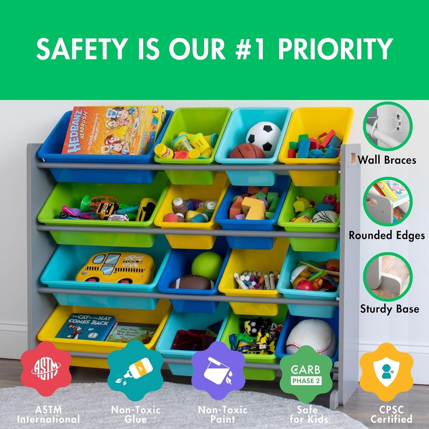 Humble Crew Supersized Toy Storage Organizer with 16 Removable Bins, Grey/Blue/Green/Yellow – Large Toy Storage for Toddlers Ideal for Kids' Rooms, Playrooms, and Nurseries - Modern Toy Bins for Kids