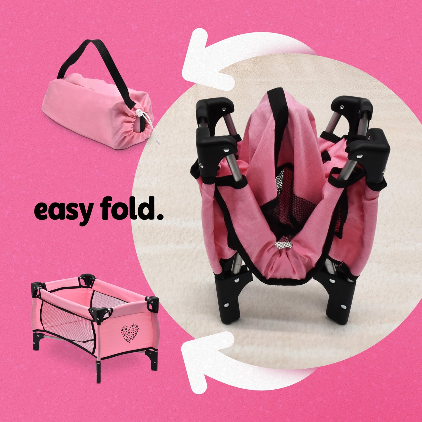 Dolls To Play Baby Doll Stroller Bed and Seat Nursery Playset, Accessories Set High Chair Diaper Bag Role Play Deluxe Set Heart Design