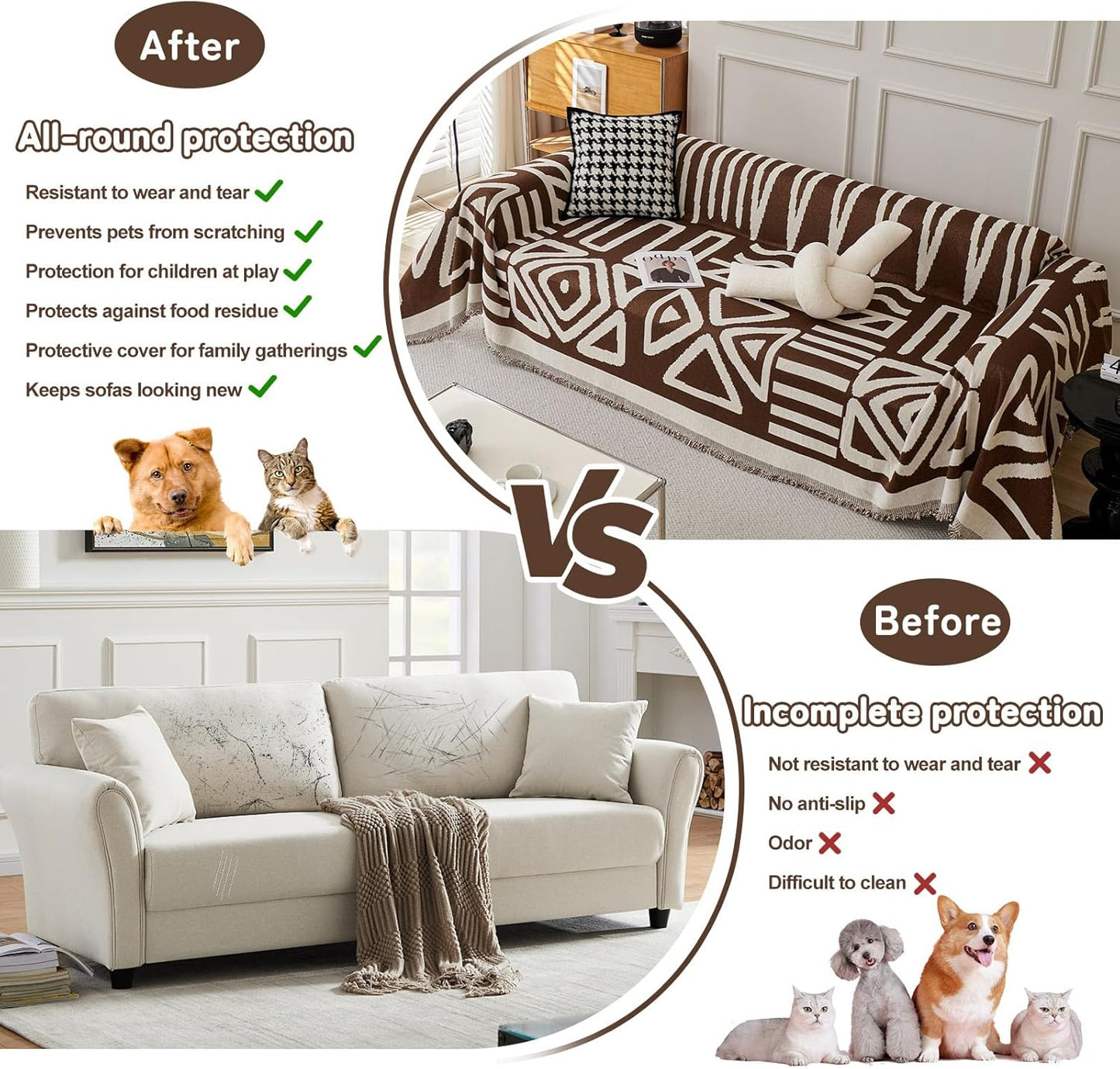 HANDONTIME Chocolate Boho Couch Cover Reversible Sofa Covers for 3 Cushion Couch Washable Sofa Cover for Dogs Dark Couches Covers Chenille Couch Protector Covers for Sofa, 71" X102"