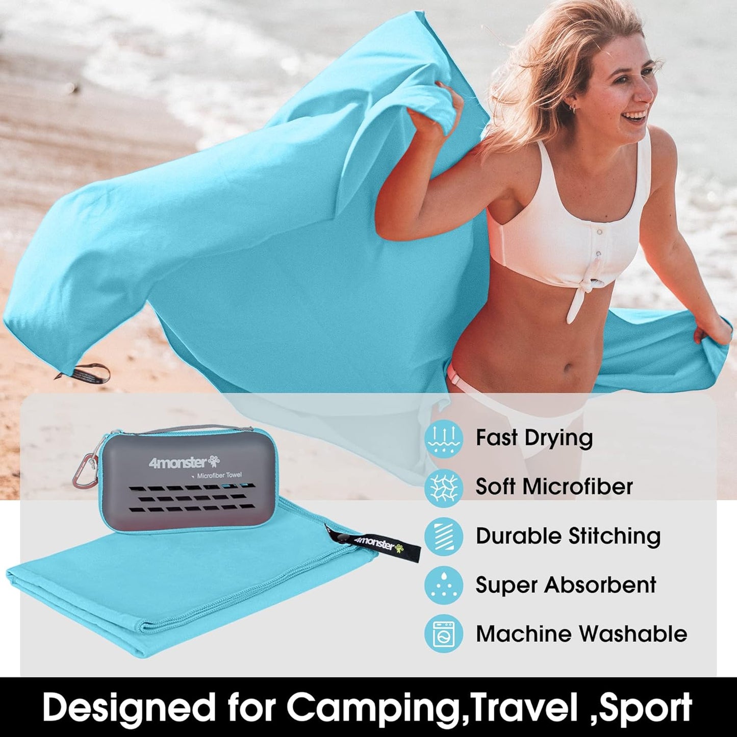 4Monster Camping Towels Super Absorbent, Fast Drying Microfiber Travel Towel, Quick Dry Ultra Soft Compact Gym Towel for Swimming Beach Hiking Yoga Travel Sports Backpack (20.00" x 12.00", Lake-green)