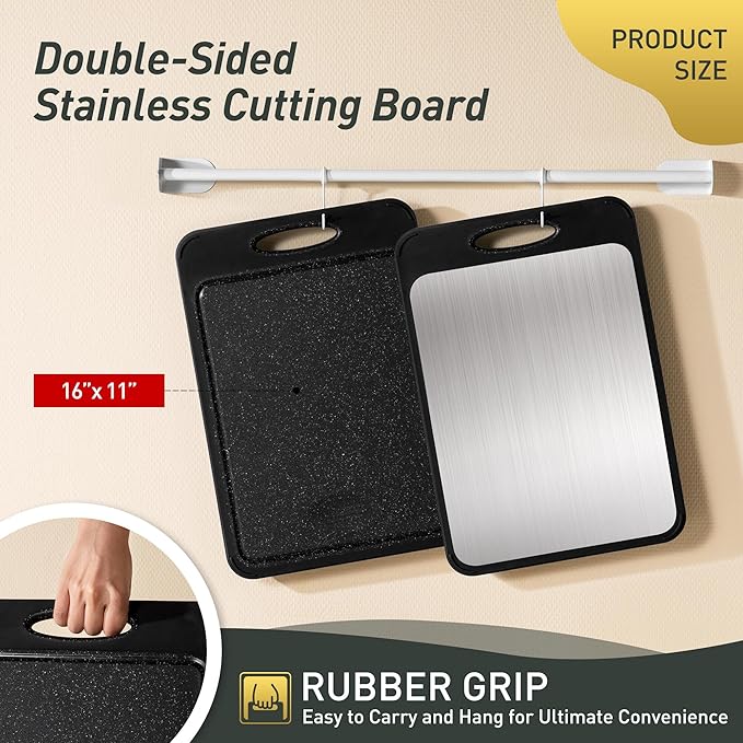 Stainless Steel Cutting Board, Best Non Toxic Cutting Boards for Kitchen, Double Sided Metal Chopping Board for Meat/Vegetables, Stainless Steel/Wheat Straw PP, Kitchen Gifts Easy to Clean 16”×11”