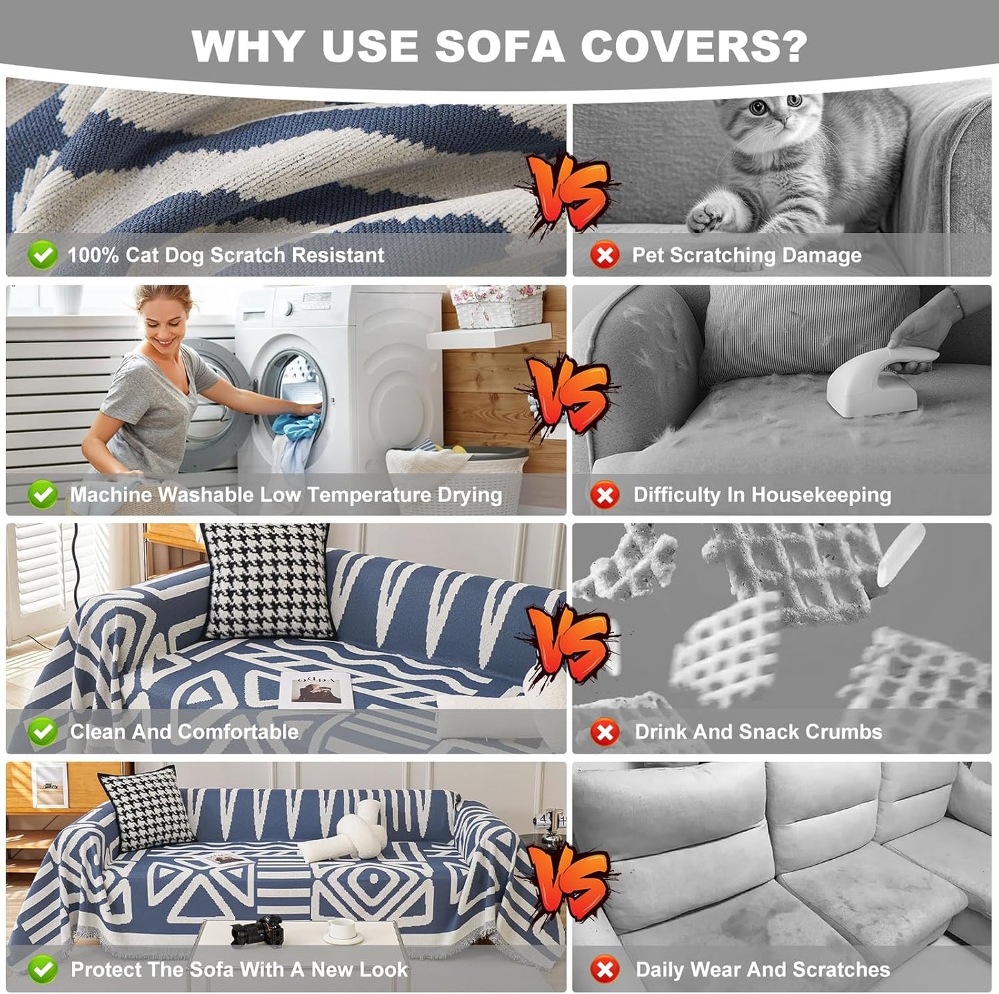 STACYPIK Thick Boho Couch Covers for Dog Cat, Modern Blue Triangle Sofa Cover for Living Room, Reversible Furniture Protector for 3 Cushion Couch, Anti Slip Jacquard Loveseat Covers for Sofa-71X118IN