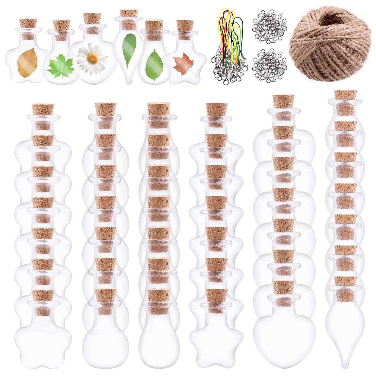 Keadic 119 Pcs 6 Shapes Mini Tiny Clear Glass Jars Bottles Set Includes Wish Bottles Glass Favors Jars with Cork Stoppers, Eye Screws, 32 Yards Twine for Arts Crafting, Projects, Decor, Party Favors