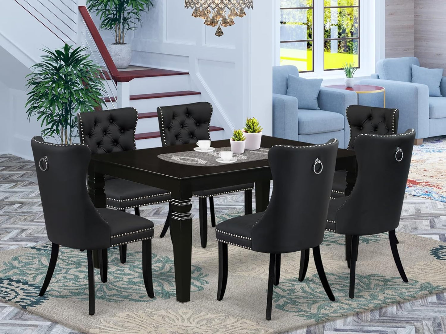 East West Furniture LGDA7-BLK-12 7 Piece Dinette Set Contains a Rectangle Kitchen Table with Butterfly Leaf and 6 Polyester Fabric Parson Dining Chairs, 42x84 Inch, Black