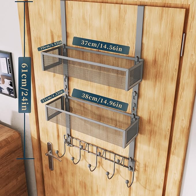 Consumest Over The Door Hooks Organizer - Extra Long Door Hanger with 9 Coat Hooks & 2 Mesh Basket, Back Storage Organizer Hanging Towels for Bathroom, Bedroom - Grey (for 1.76 in Doors)