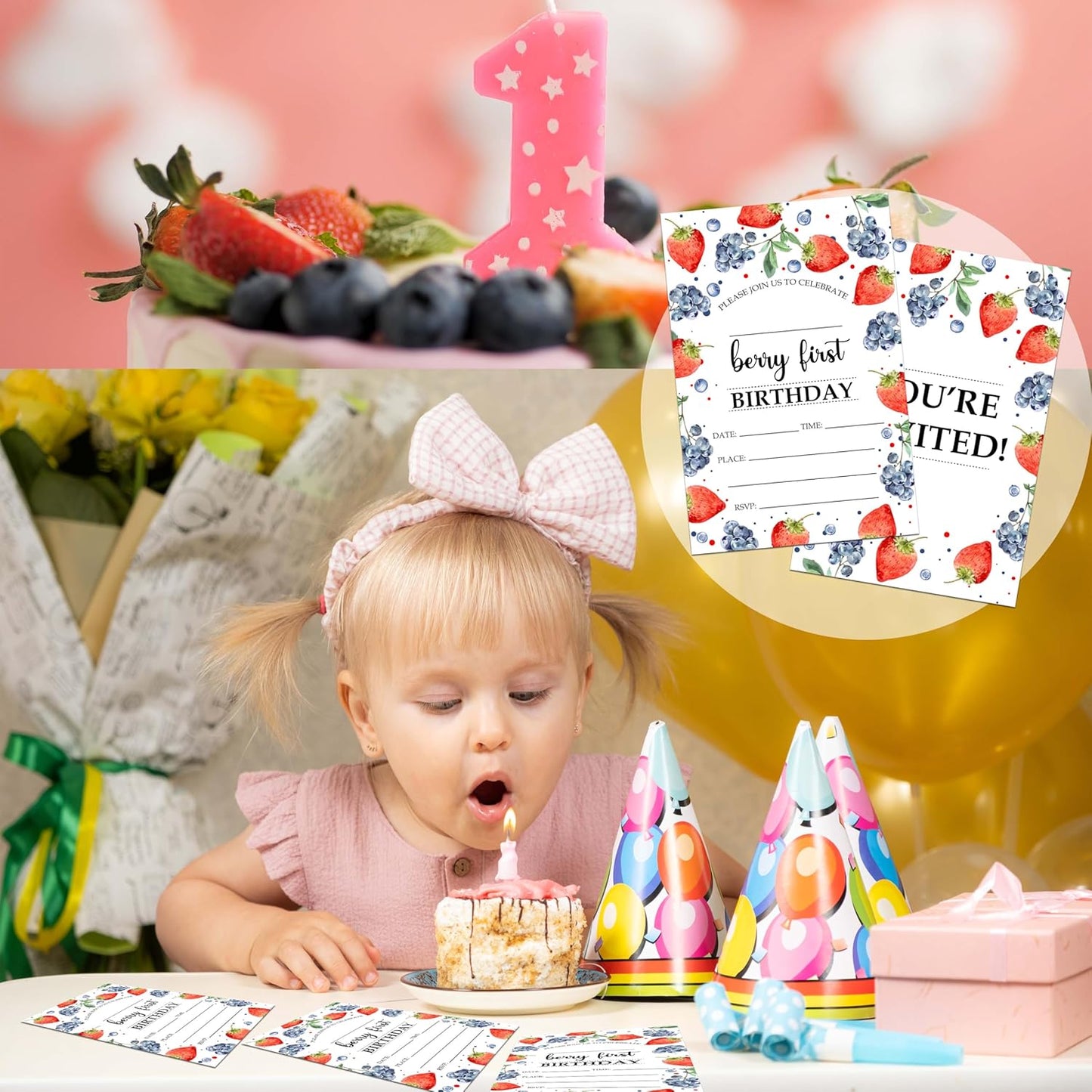 Berry First Birthday Invitations, 20 Invitation Cards with Envelopes, Strawberry Blueberry Invites for Party Decorations Favor Supplies - A05