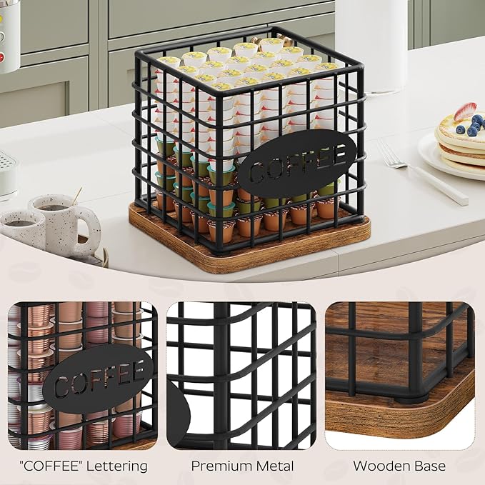 Coffee Pod Holder for K Cup, Large Capacity Coffee Pod Organizer, Versatile Coffee Capsule Storage Basket with Wooden Base, Rustic Brown KH10BR