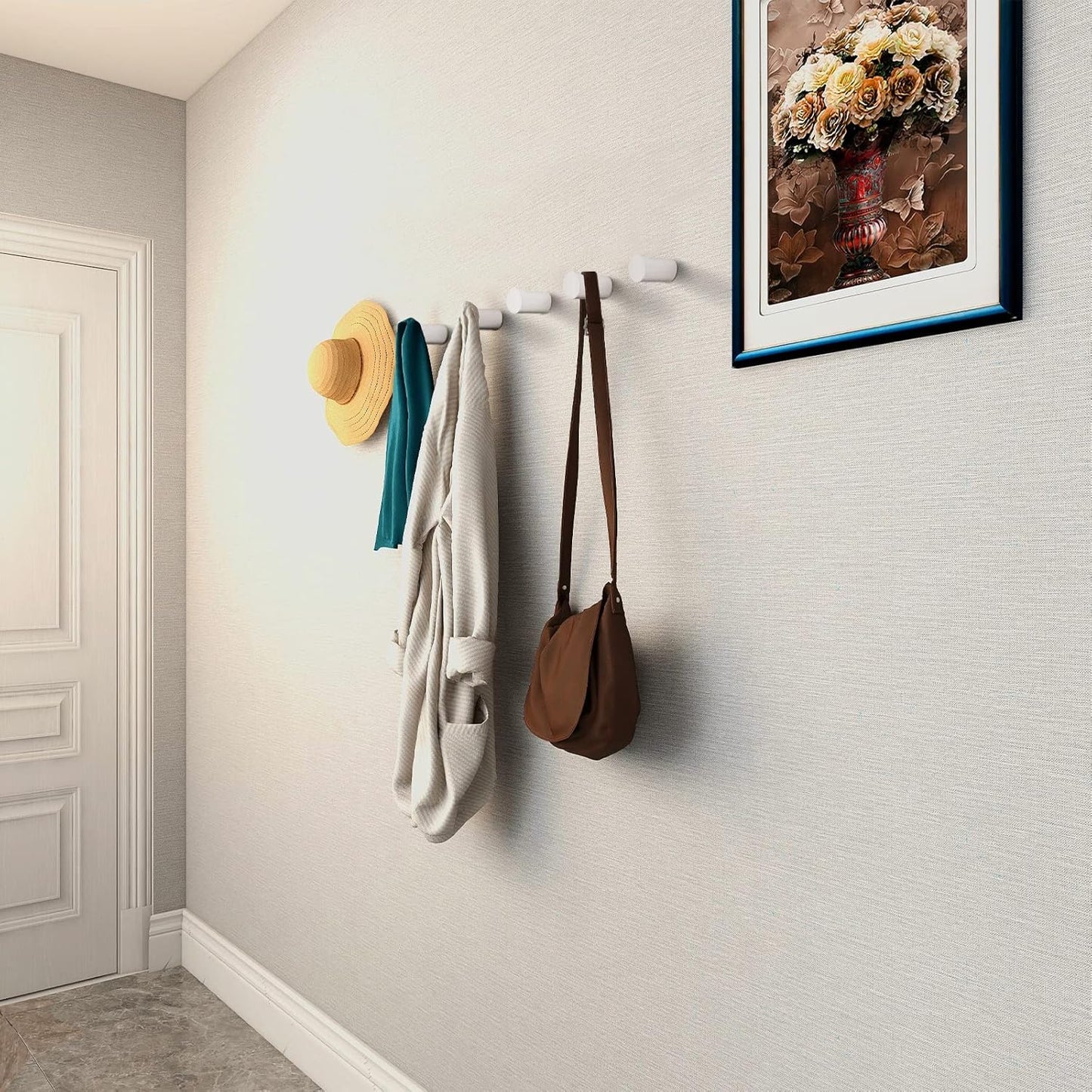 Wood Wall Hooks 6 Pack, Modern Decorative Coat Hooks Wall Mounted, Handmade White Hat Hooks Heavy Duty Entryway Wall Hangers for Hanging Towels Robes Purses (White)