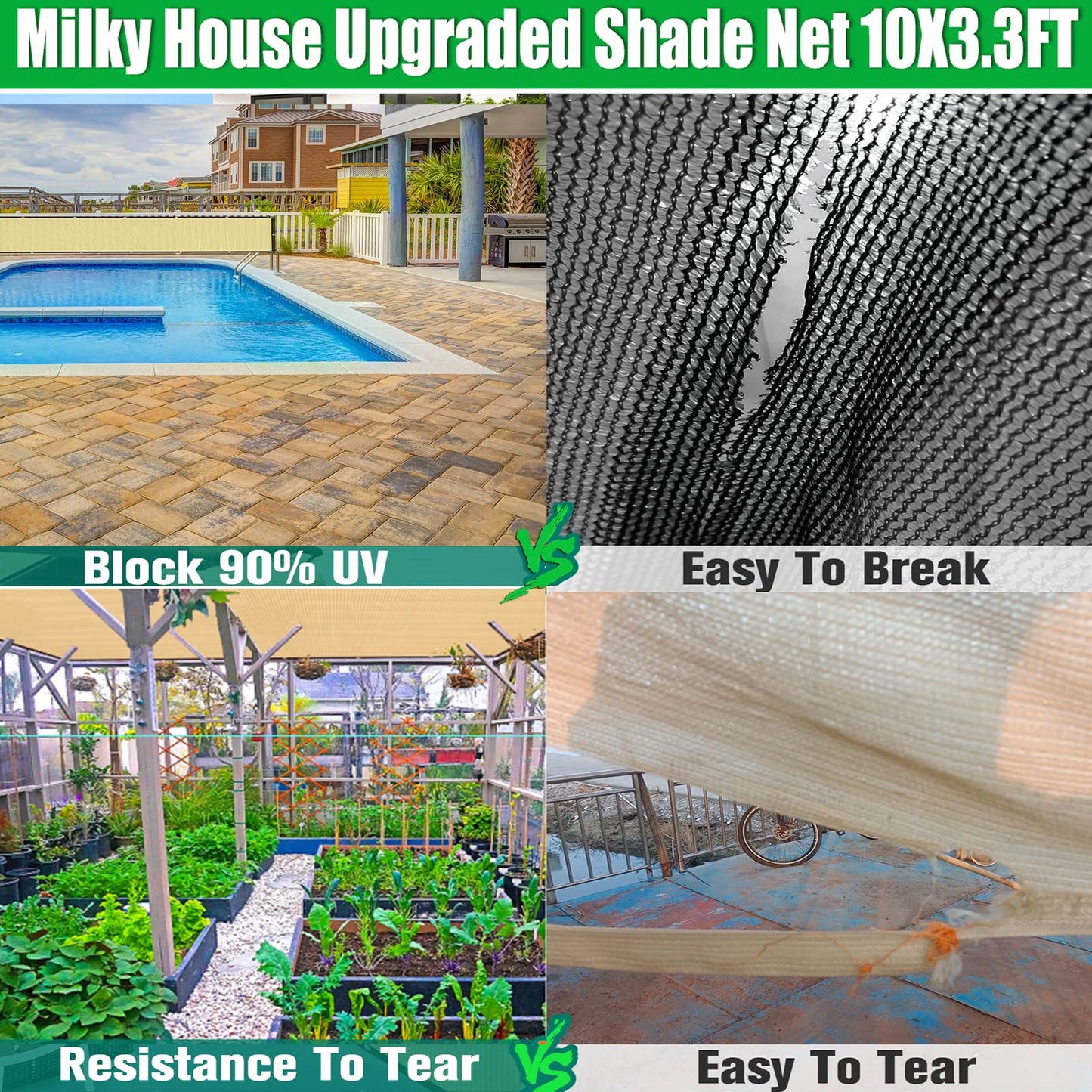 Sun Shade Cloth, Balcony Privacy Screen 10X3.4ft, Garden Shade Cloth with Grommets, Shade Net for Backyard Outdoor Sunblock, Shade Netting for Greenhouse Plants Porch Patio Deck Shade Screen Mesh Tarp