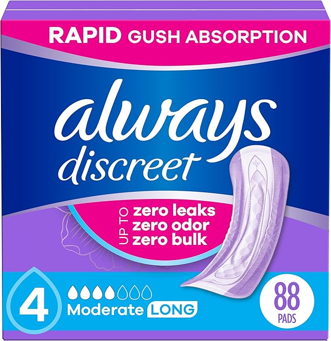 Always Discreet Adult Incontinence Pads for Women, Moderate Absorbency, Long Length, Postpartum Pads, 88 Count (2 Packs of 44)