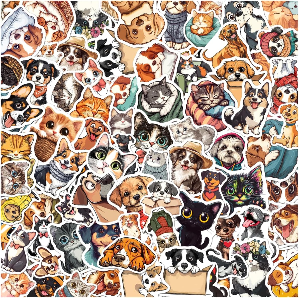 Cute Dog and Cat Stickers Pack for Kids Teens Animal Lovers Vinyl Waterproof Laptop Water Bottle Journal Scrapbook Planner 108Pcs Mixed Cartoon Pet Designs Bumper Motorcycle