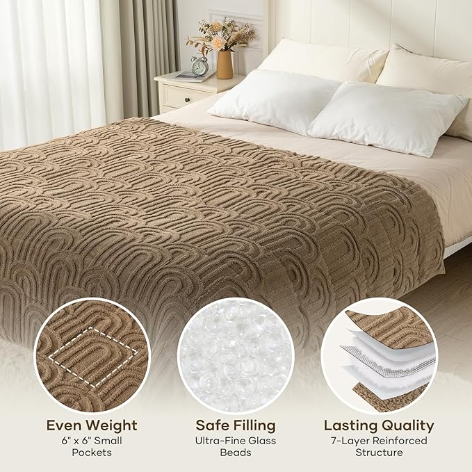 Cottonblue Jacquard Weighted Blanket for Adults 15 lbs Queen Size, Cozy Fluffy Sherpa Fleece Weighted Throw Blankets 60" x 80" for Sleep Relax, Fuzzy Warm Arch Heavy Blanket Soft for Bed Couch, Khaki