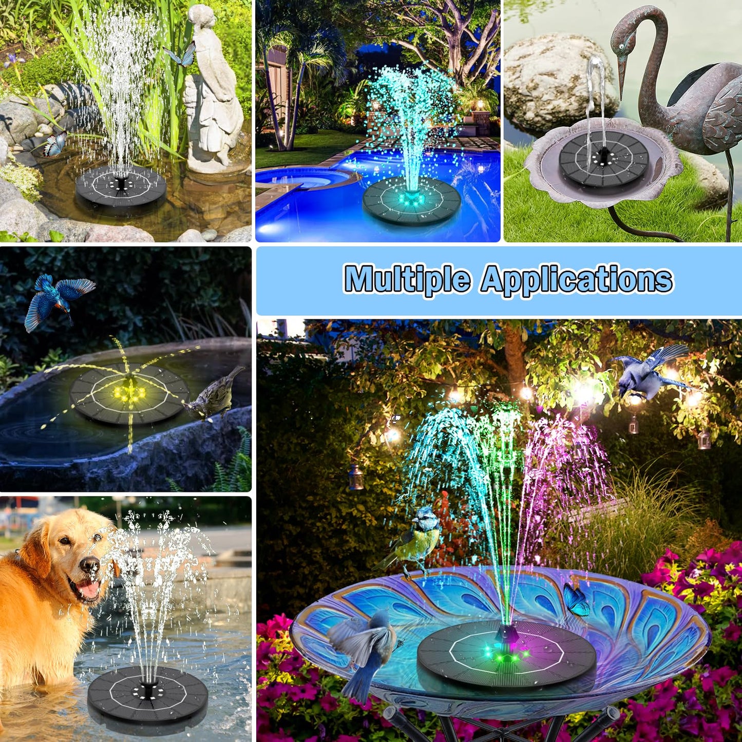 SZMP Solar Water Fountain, 2026 Upgrade 3.5W Solar Bird Bath Fountain Pump with Color LED Lights, 7 Nozzles & 4 Fixed Rods for Garden, Patio, Pond, Pool, Fish Tank, Outdoor Water Feature