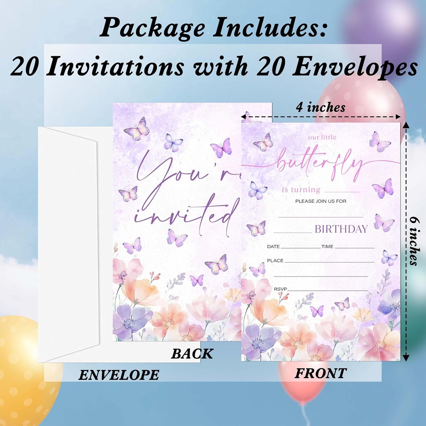 Butterfly Birthday Invitations, 20 Invitation Cards with Envelopes, Purple Floral Invites for Girl Party Decorations Favor Supplies - A01