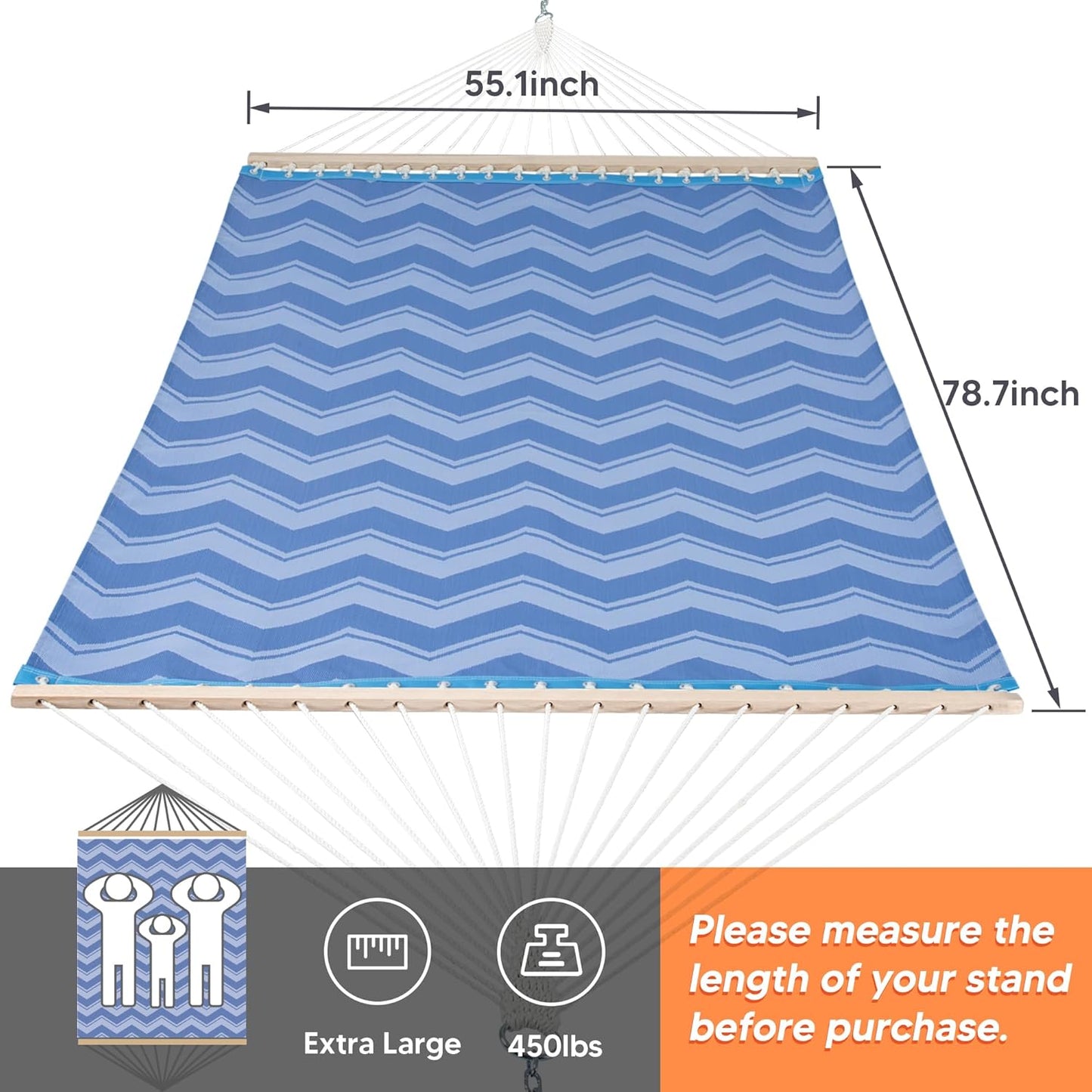 SUNCREAT Portable Double Outdoor Hammock, 450lbs Capacity, Quick Dry 2 Person Hammock with Hardwood Spreader Bar, Blue Waves