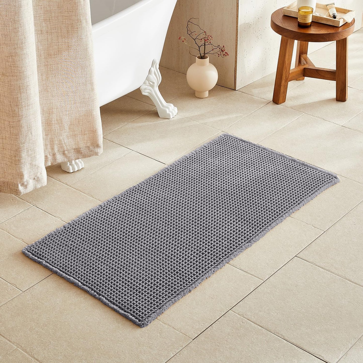 Waffle Bath Mat, Boho Bathroom Rugs Non Slip Washable Super Absorbent Quick Dry Bath Mat Farmhouse Bathroom Decor, 48"x24" Grey