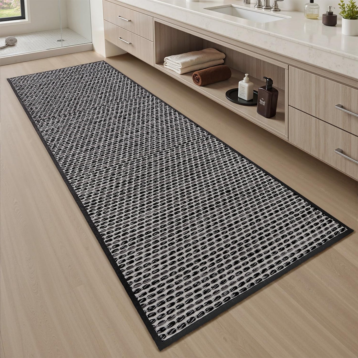 AMOAMI Unique Woven Bathroom Runner Rug, Super Absorbent Non Slip Bath Mats for Bathroom Textured Bathroom Mat Quick Dry Boho Rugs Runners for Hallyways Kitchen Bedroom Beside Tub, 2' x 4', Black