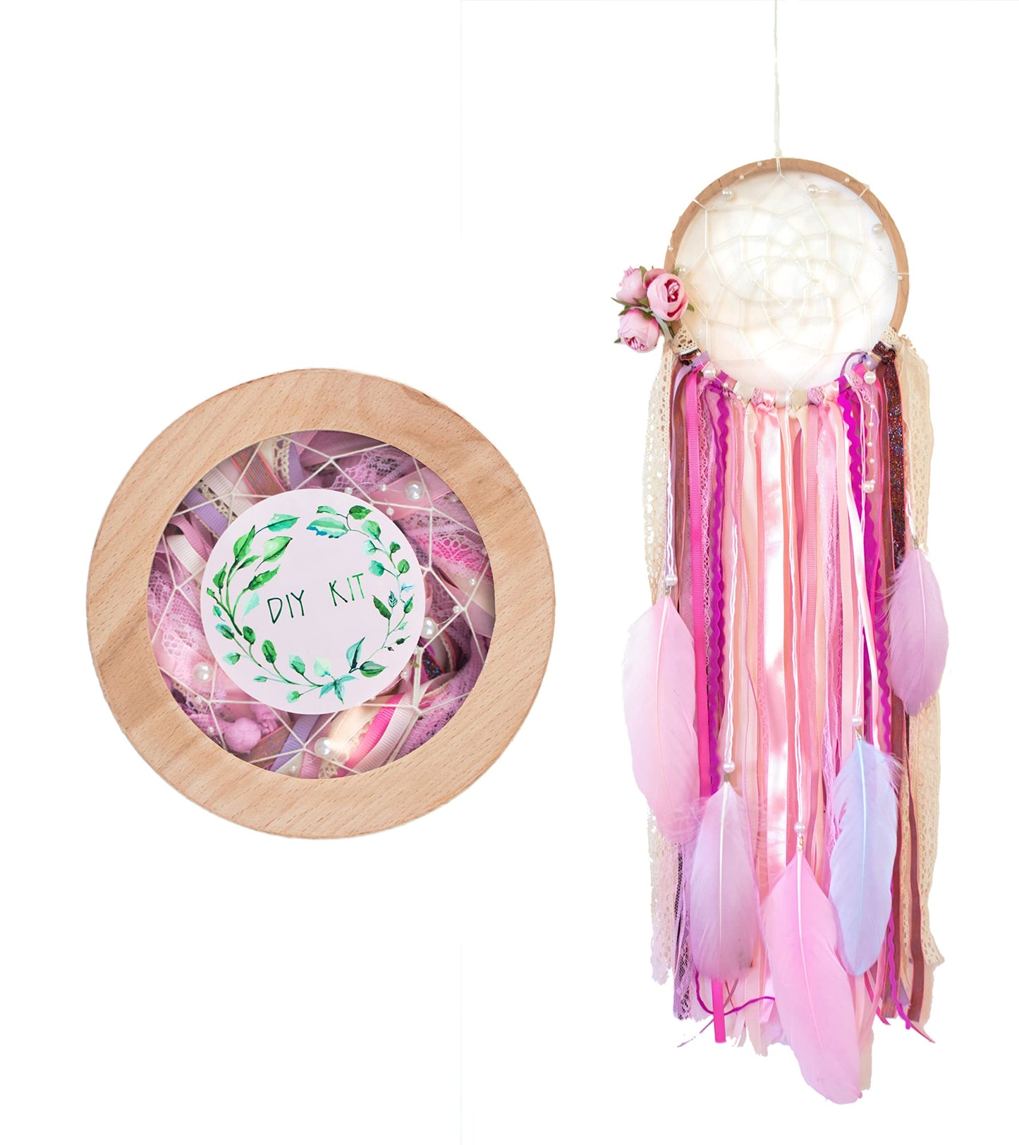 DIY dream catcher kit-Make your own dreamcatcher-Craft set for kids-Do It Yourself Pink dreamcatcher-Birthday party Activity Diam 6.2 inch(15.5cm) Floral Classic Dream catcher