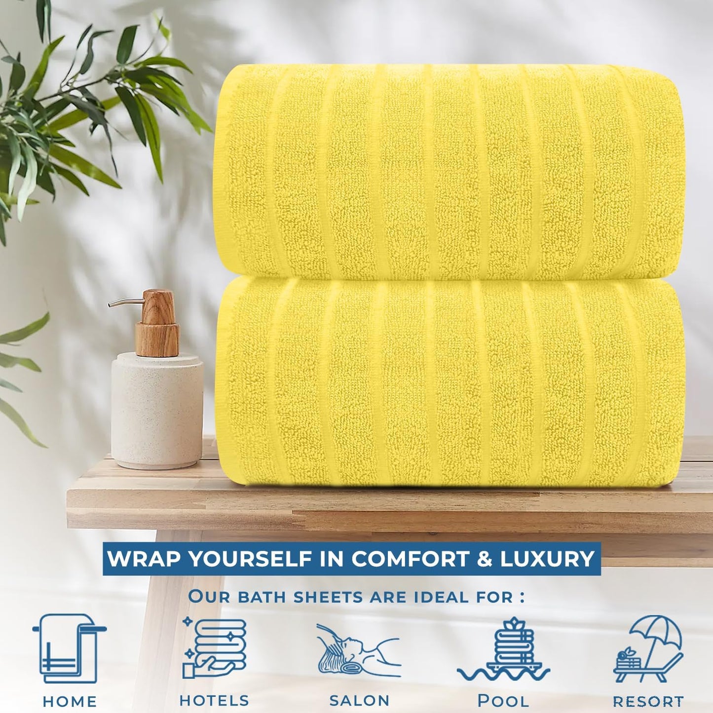 DAN RIVER Pack of 2 Bath Sheet 35x70 Inches, Ribbed Large Bath Towels Oversized for Adults, Soft and Absorbent Hotel Towels - Yellow