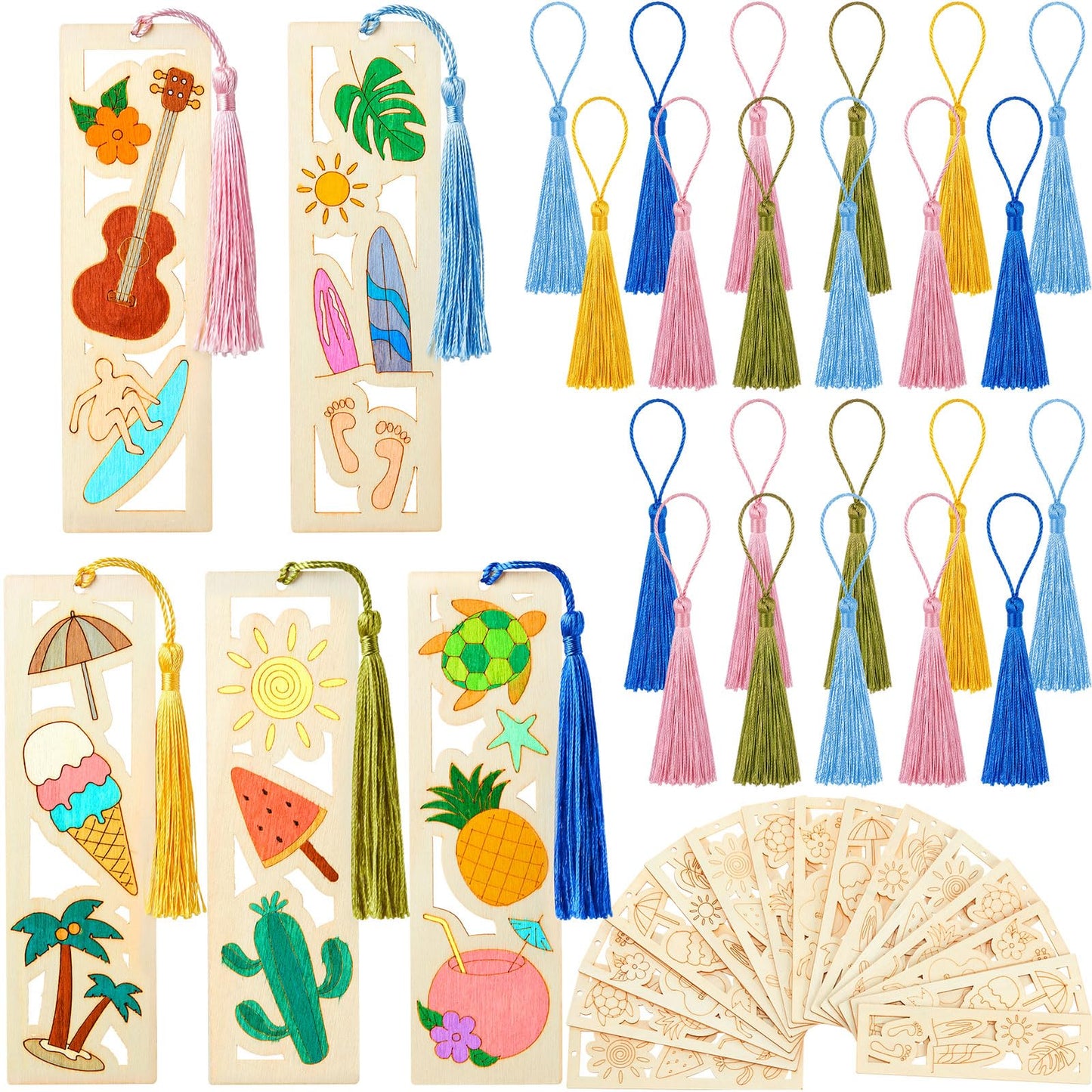 Yexiya 100 Pcs Bulk DIY Wooden Bookmarks Kit - 50 Set Tropical Hawaii Unfinished Wood Crafts with 50 Colorful Tassels for Classroom Rewards, Student Gifts, Summer Camp, Luau Party Favors, Art Projects