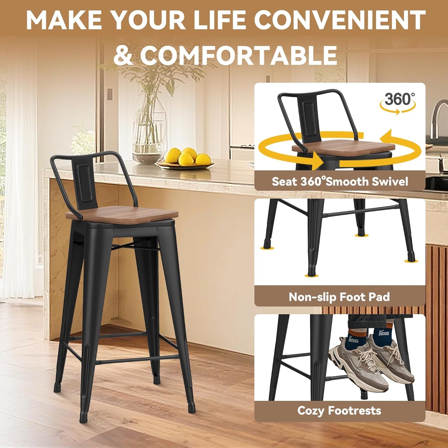 26 Inch Swivel Bar Stools Set of 4 with Backs Counter Height Industrial Metal Barstools Island Bar Chairs for Home Kitchen Dining Room (Swivel 26 inch,Matte Black Wooden)