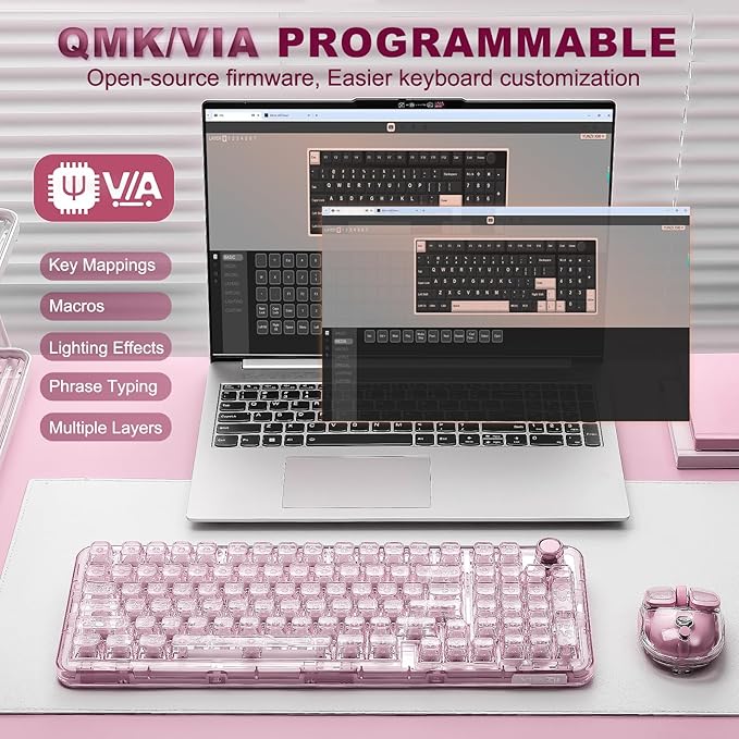 YUNZII X98 QMK/VIA Wireless Mechanical Gaming Keyboard with Knob,Tri-Mode BT5.0/USB-C/2.4GHz Hot Swappable Keyboard,Pre-lubed Switches Gasket Mount RGB Backlit for Wins/Mac (Pink, Crystal Switch)