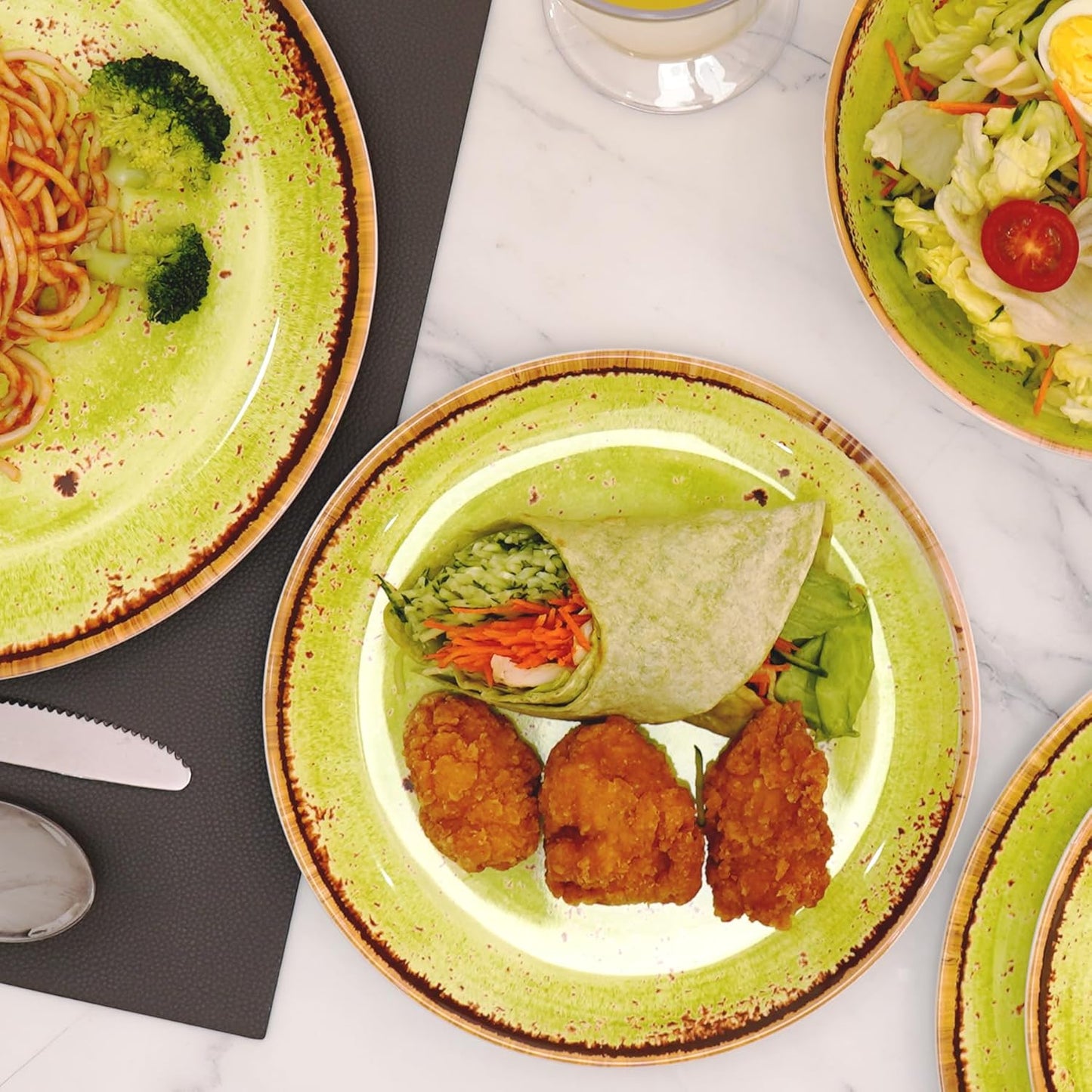 TP 12-Piece Dinnerware Set, Melamine Dishes Set with Bowls and Plates, Non-breakable and Lightweight Dinner Service for 4, Green Swirl