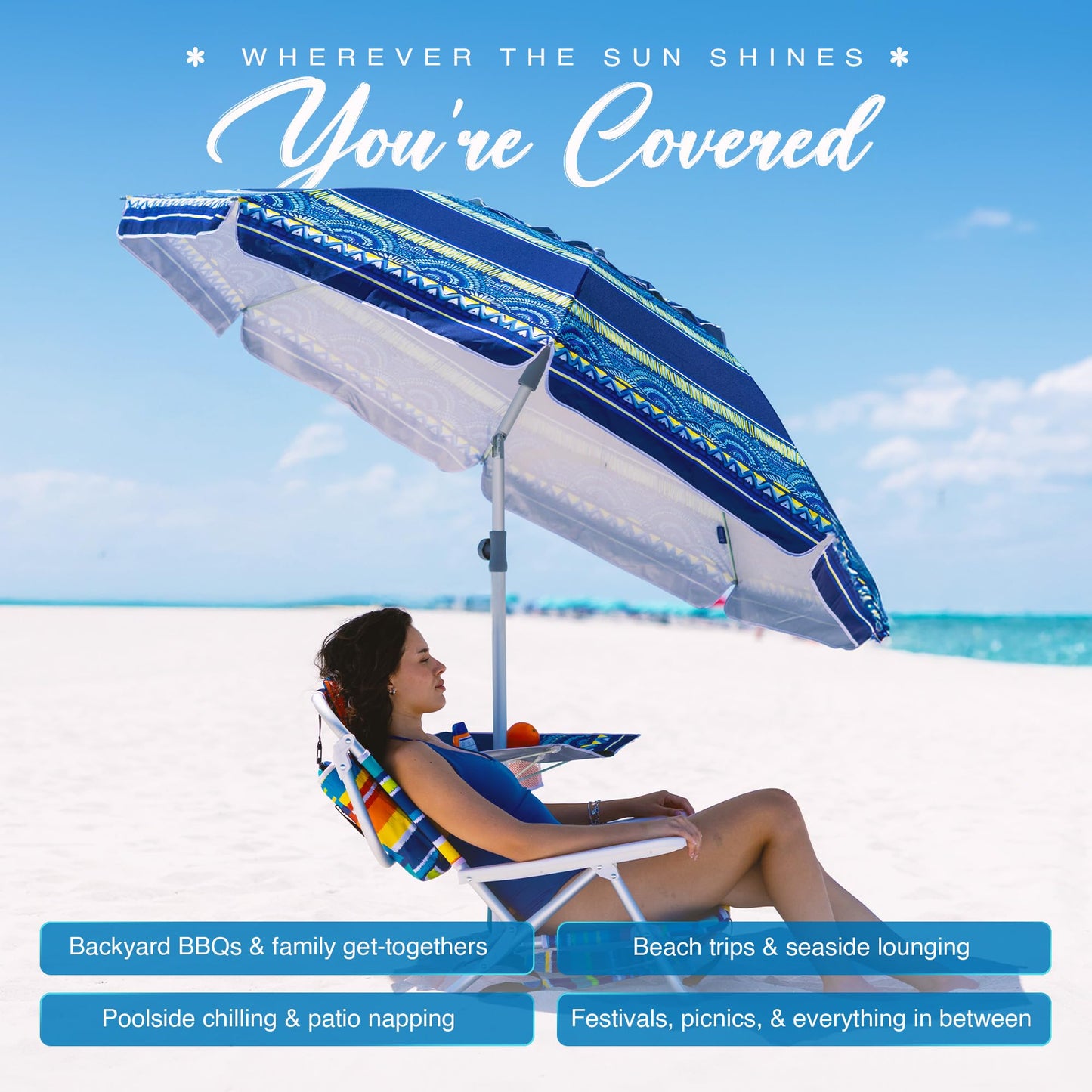 AMMSUN 7ft Heavy Duty High Wind Beach Umbrella with sand anchor, Built-in Table Tray & Tilt Pole, UPF 50+ Windproof Portable Outdoor Umbrellas Carry Bag for Patio Garden Pool Backyard stripe (Haute