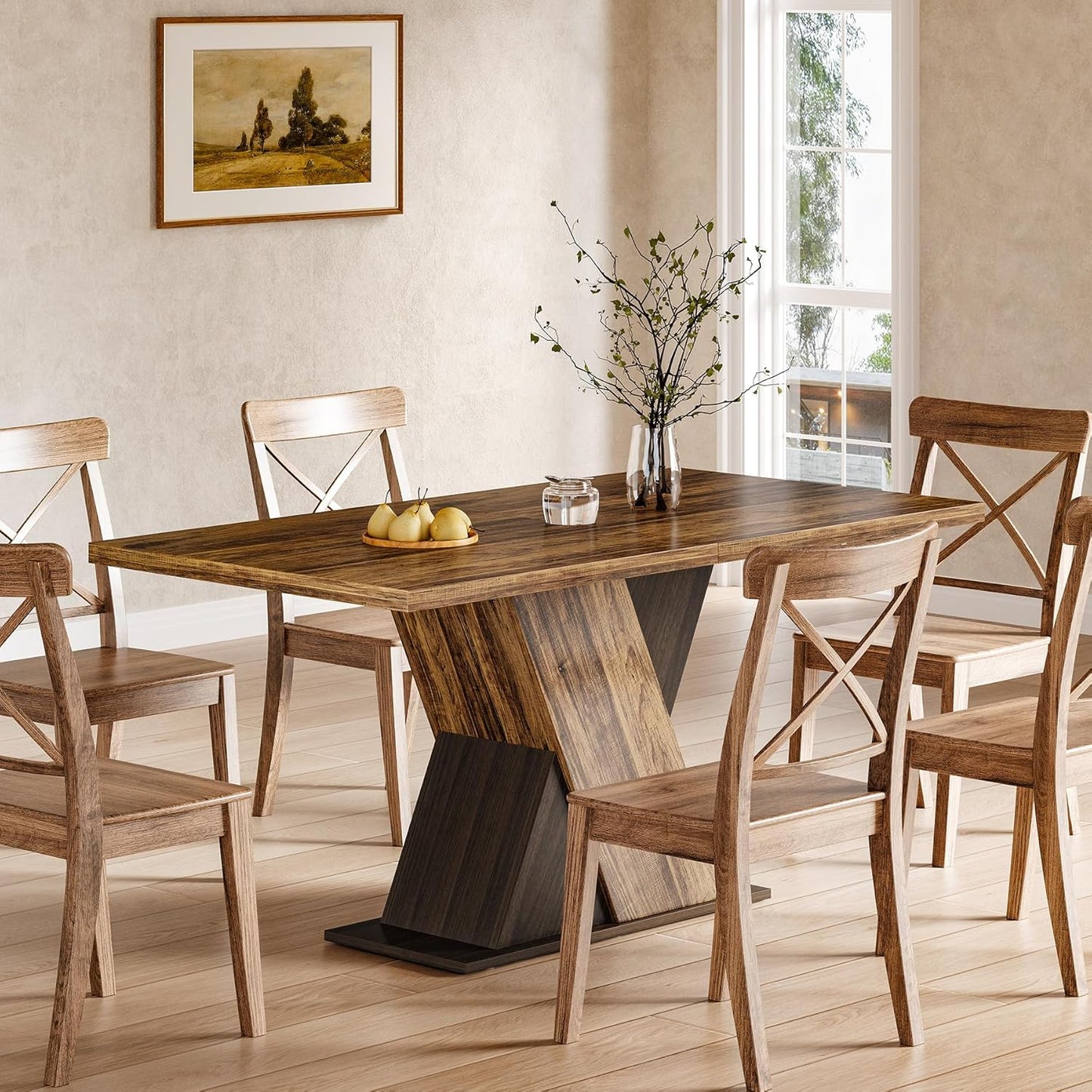 LITTLE TREE 55-Inch Dining Table for 6, Wooden Rectangle Kitchen Table, Large Dining Room Tables, Industrial Dinner Table with Heavy Duty Pedestal, Rustic Brown