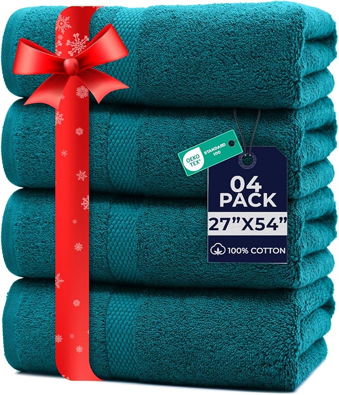 DAN RIVER Bath Towels Set of 4, 27 x 54 Inches, 100% Cotton, Larger & Lighter Weight, Quicker to Dry, Super Soft and Absorbent, Ideal Luxury Bath Towels for Daily Use, Teal