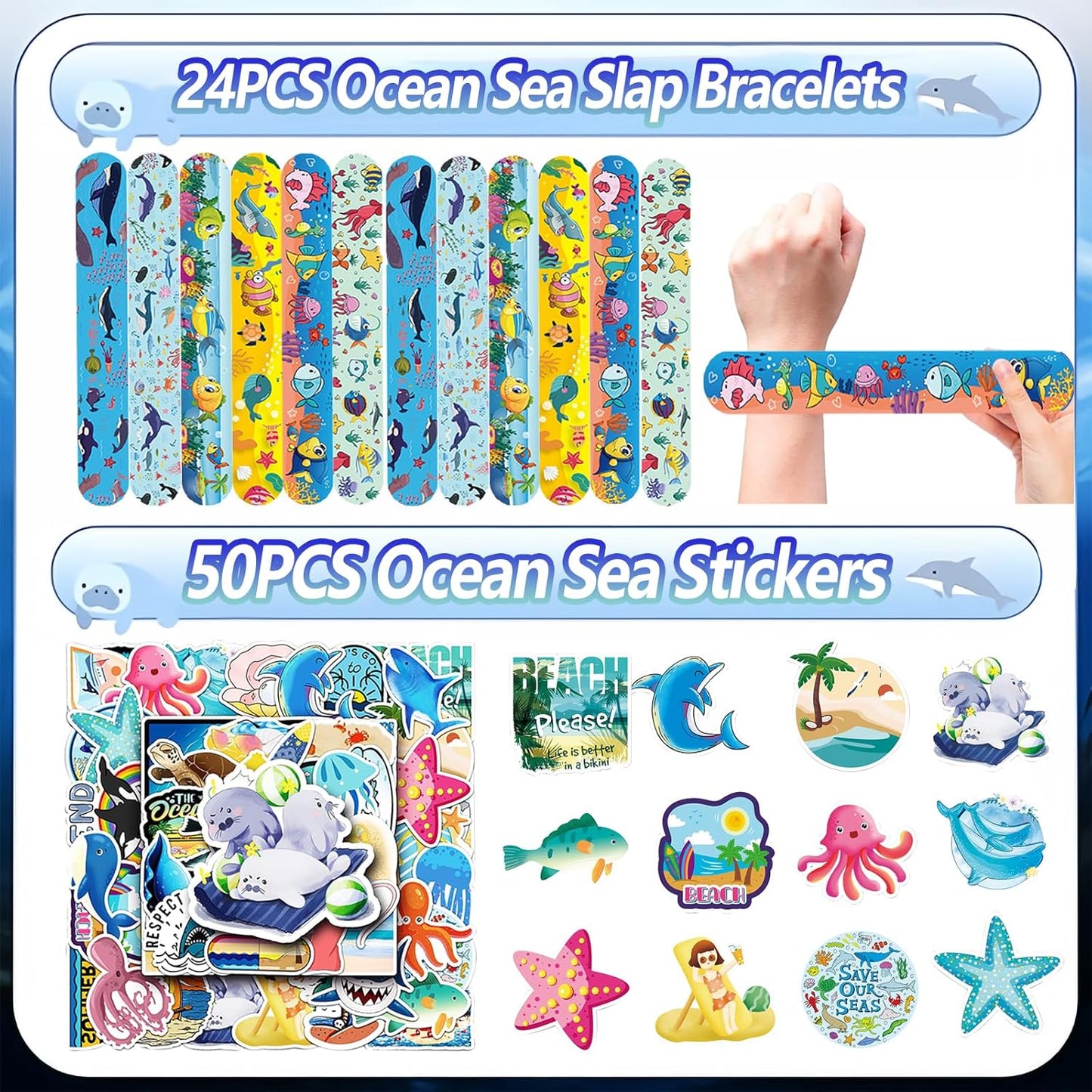 74PCS Ocean Sea Animals Party Favor 50PCS Snap Party Stickers&24PCS Slap Bracelets Under the Sea Animals Birthday Supplies Team Gift Fillers School Rewards Supplies