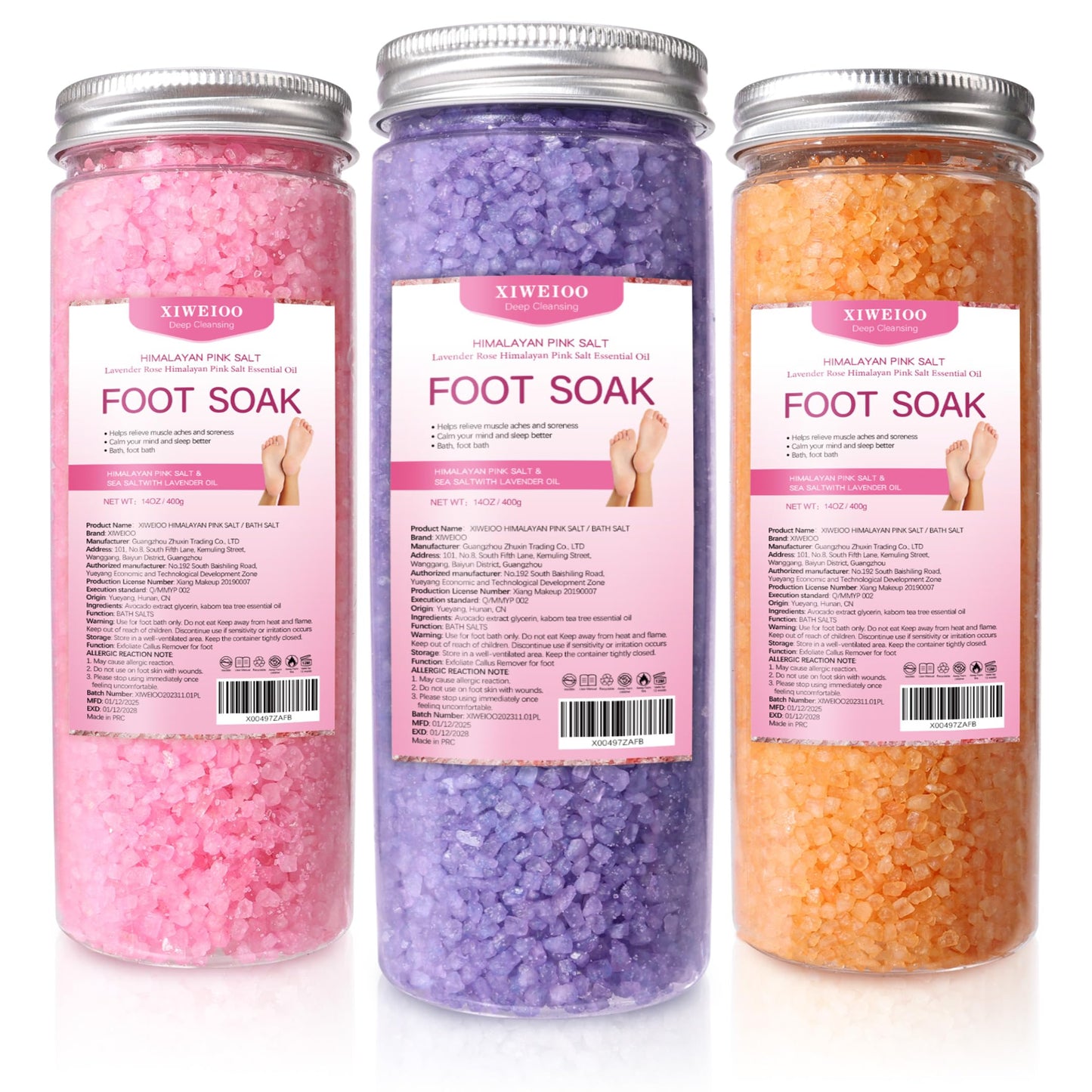 XIWEIOO 3 Pack Foot Soak Salts Kit Epsom Salt - Himalayan Pink Salt - Dead Sea Salt - Foot spa Care Best for Good Sleep Essential Oils Tea Tree Oi Lavender Rose for Women