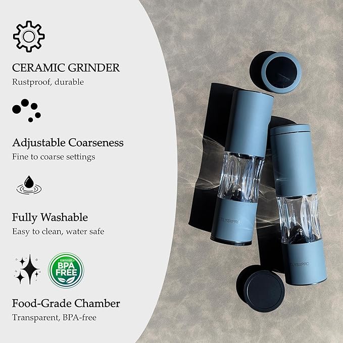 Salt and Pepper Grinder Set with Adjustable Coarseness | Manual Pepper Mill Grinder with Refillable Design | Ceramic Core | Kitchen Essential (2 Packs, Black&White)