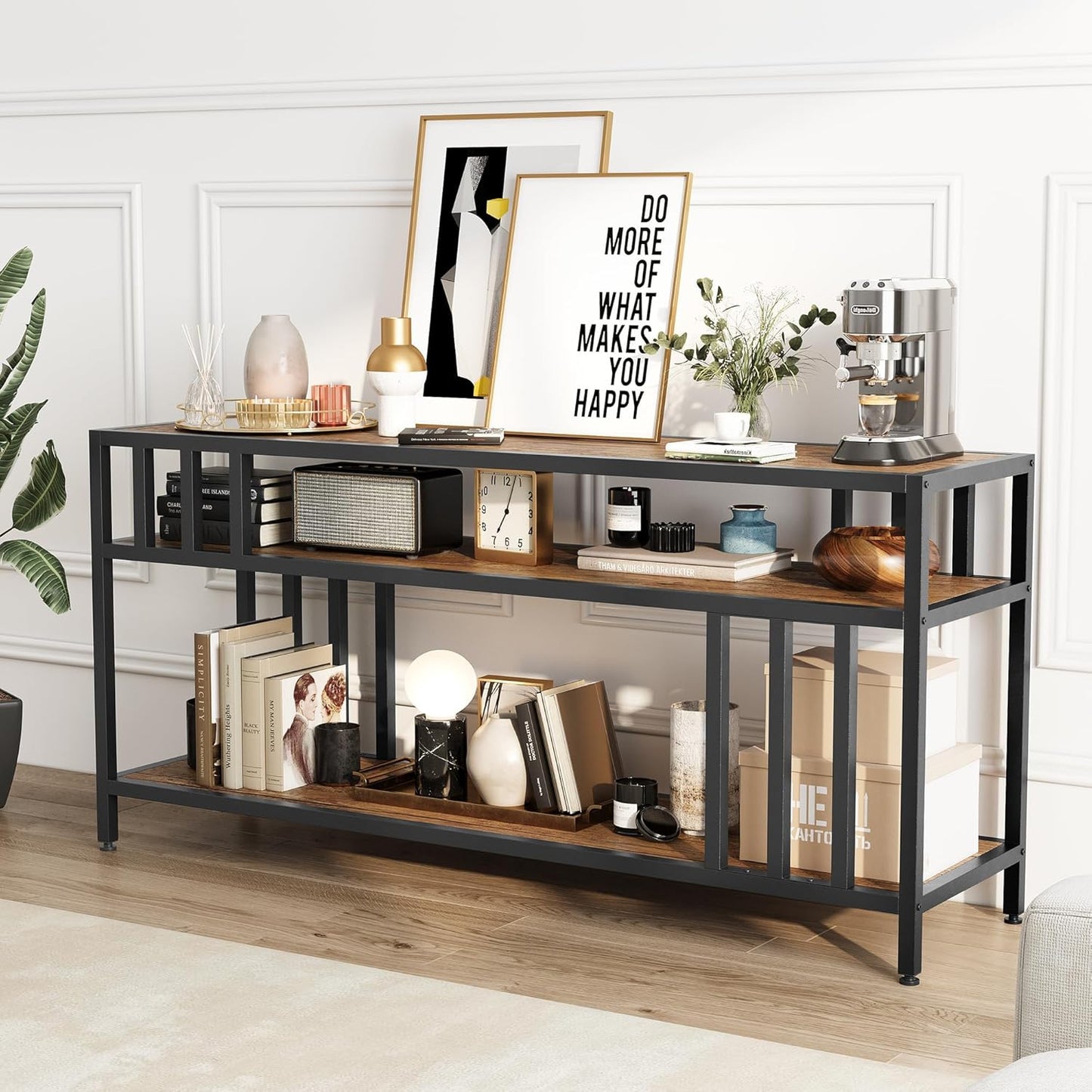 Garvee 58" TV Stand for Television up to 65 Inches, Entertainment Center with 3-Tier Open Shelves, TV Media Console Table with Quadruple-Tube Support for Living Room, Entryway, Rustic Brown