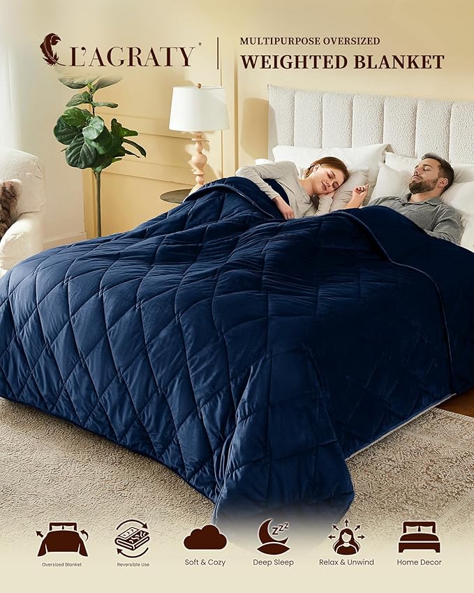 L'AGRATY Queen/King Size Weighted Blanket for Adults 30lbs, 80"x87" — Cooling Breathable Heavy Blanket with Beads for Sleeping Perfect for Hot Sleepers & Couples Machine Washable All-Season Navy Blue