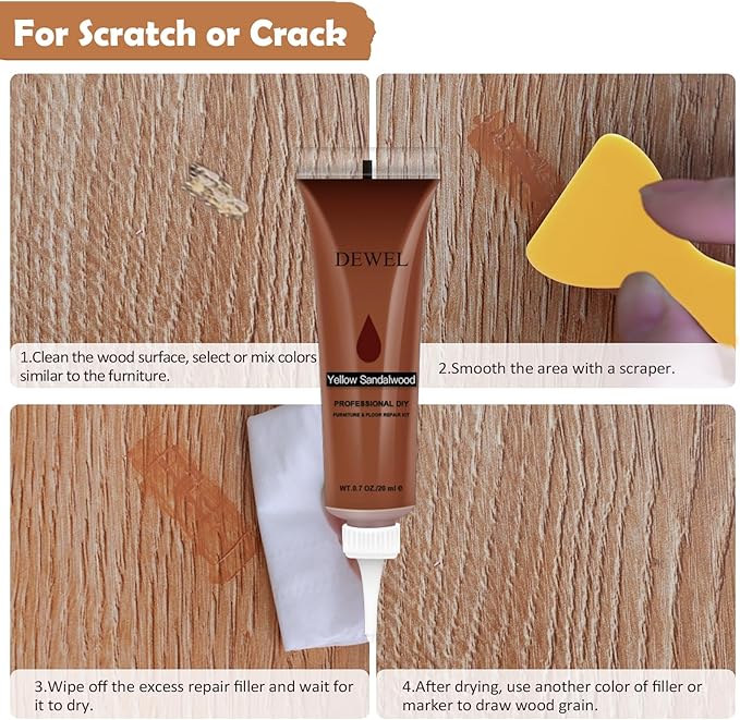 DEWEL Wood Furniture Repair Kit, 31 Pcs Scratch Repair Wood Filler, Wax Sticks with Wood Putty for Wood Floors, Scratches, Cracks, Hole, Laminate, Table, Bedposts