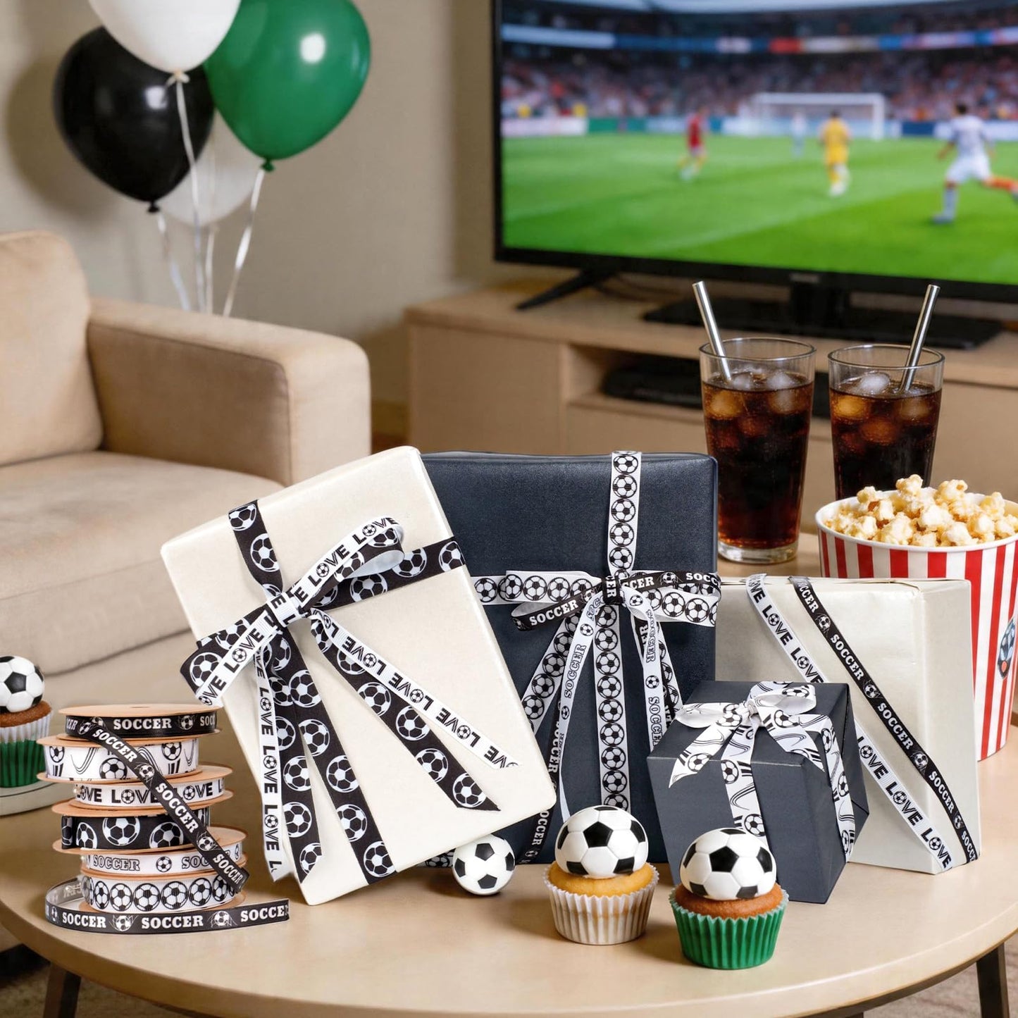 LaRibbons Soccer Ribbon Set 6 Rolls 30 Yards Total, White Black Sports Themed Craft Ribbons for Soccer Party Decorations, Hair Bows, Gift Wrapping, DIY Sewing Supplies
