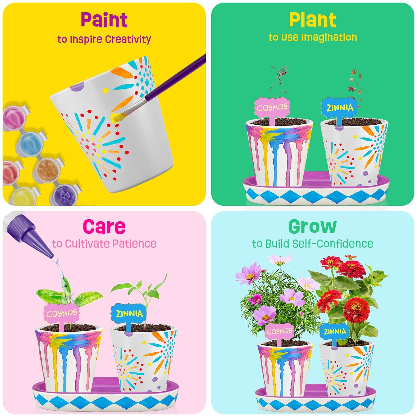 4 Set Paint & Plant Flower Gardening Kit - Gifts for Girls Ages 8-12, Arts and Crafts for Kids Ages 8-12, Kids Gardening Set, Toys Birthday Gifts for Kids Girls Boys Ages 6 7 8 9 10 11 12