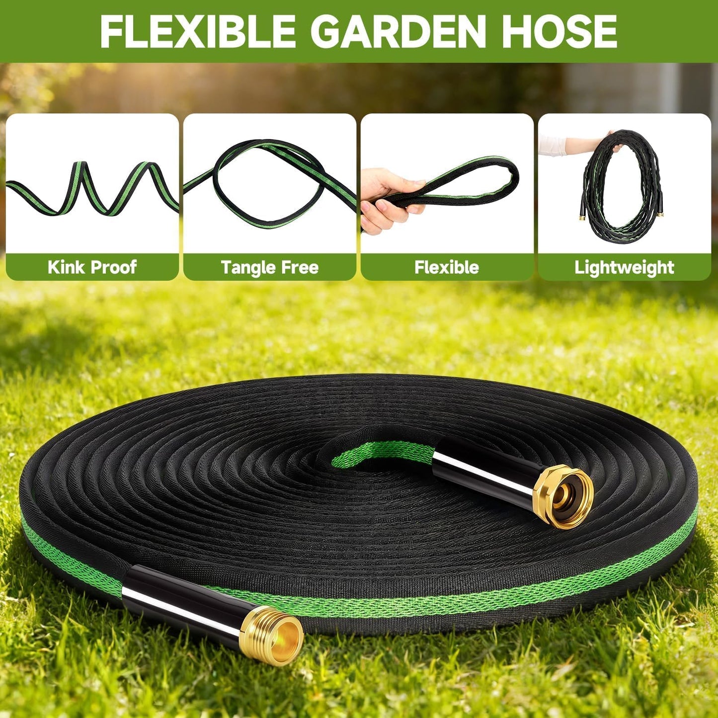 VIONMI Garden Hose 25 ft Flexible Non-Expandable Water Hose Kink-Free Lightweight Leak-Proof High Pressure Durable Outdoor Portable Fabric Hoses Pipe with 3/4” Sturdy Fittings for Yard Lawn Car Wash