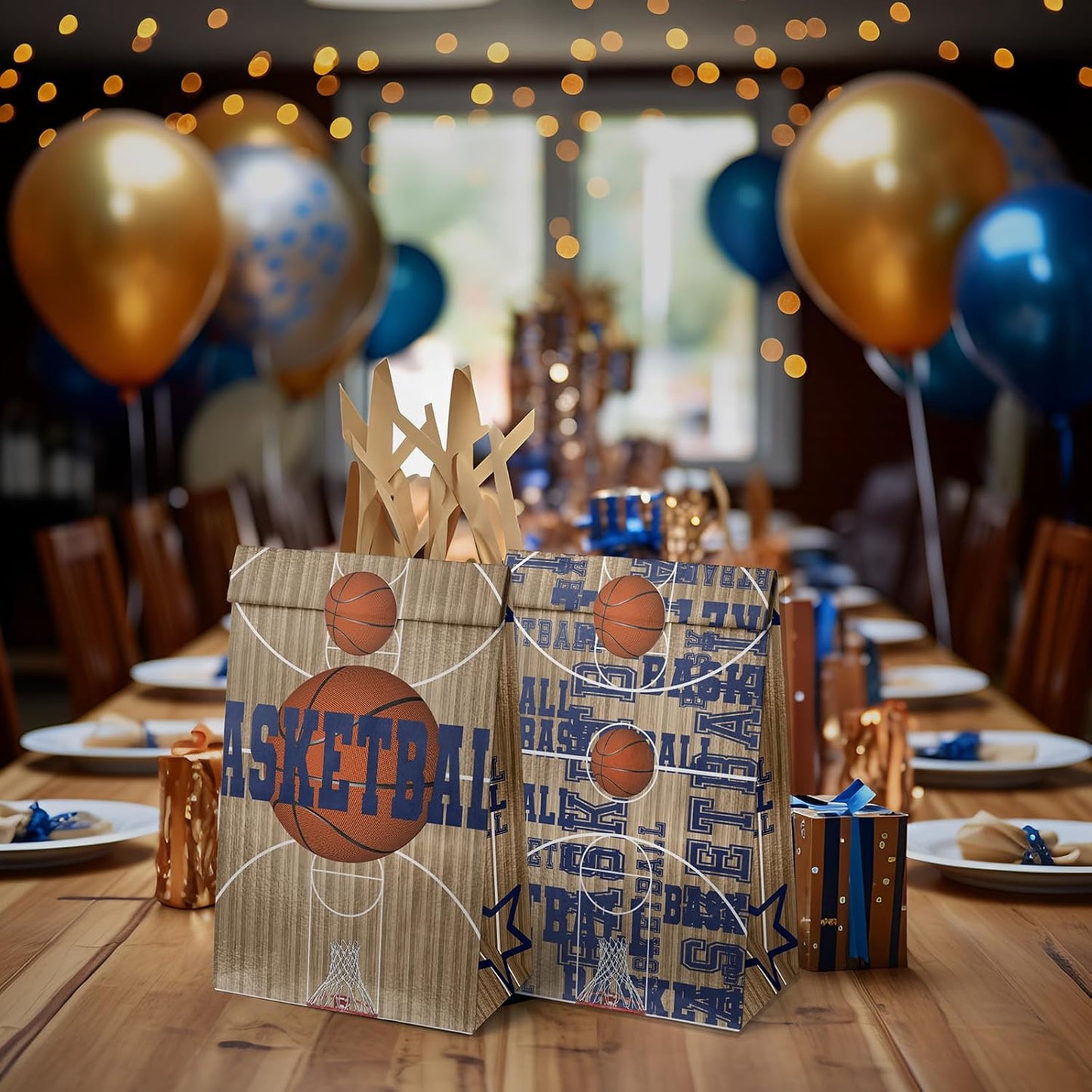 Basketball Party Favor Bags – 24 Pcs Basketball Gift Bags with 5 Designs, Paper Goodie Bags for Sports Theme Birthday Party Decorations and Supplies