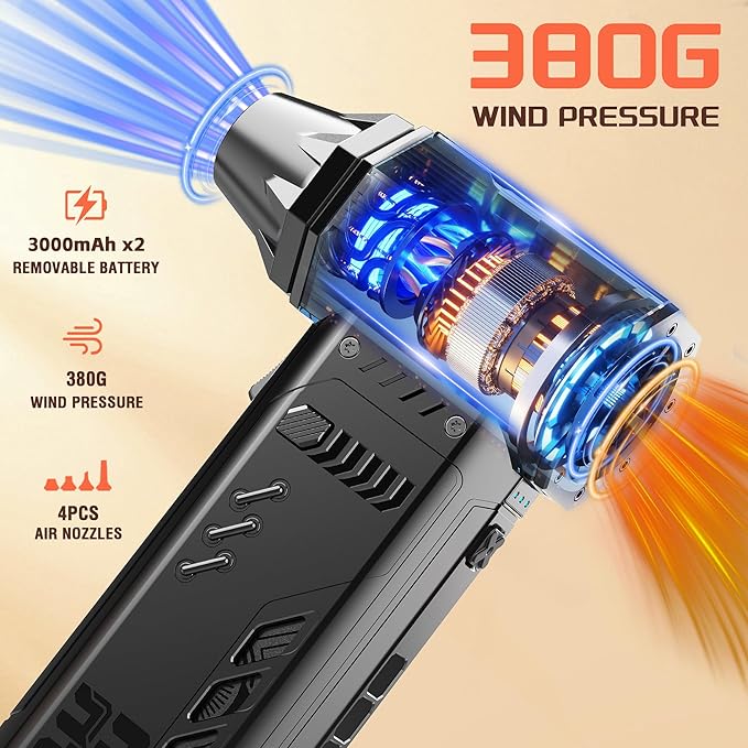 Air Duster -250000RPM- Snow Blower, Replaceable Batteries 2pcs,Long Life-mini Blower, 3-Gear Adjustable- Electeic Air Duster for Keyboard,PCs,Outdoors,Snow,Leaves,Car Cleaning (2*Batteries)