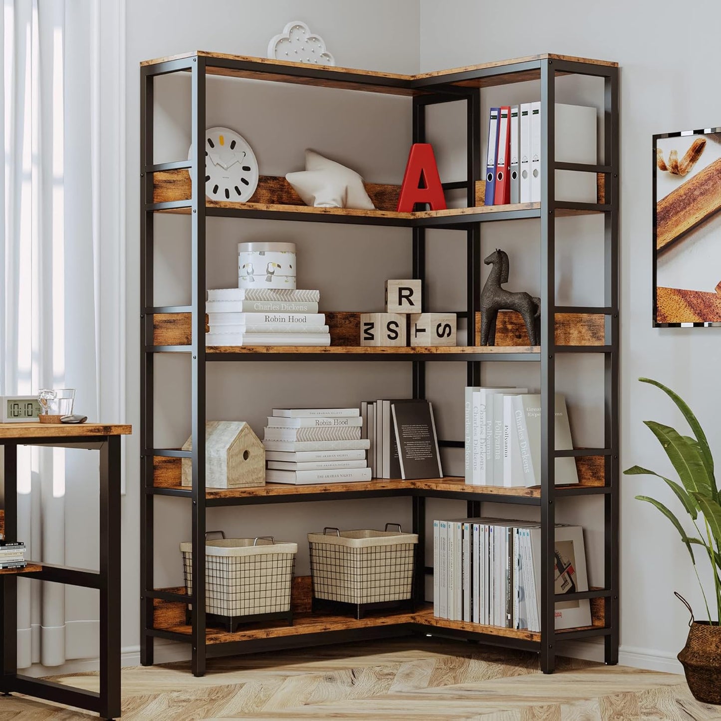 IRONCK Industrial Bookshelves 5 Tiers Corner Bookcases with Baffles Etagere Shelf Storage Rack with Metal Frame for Living Room Home Office