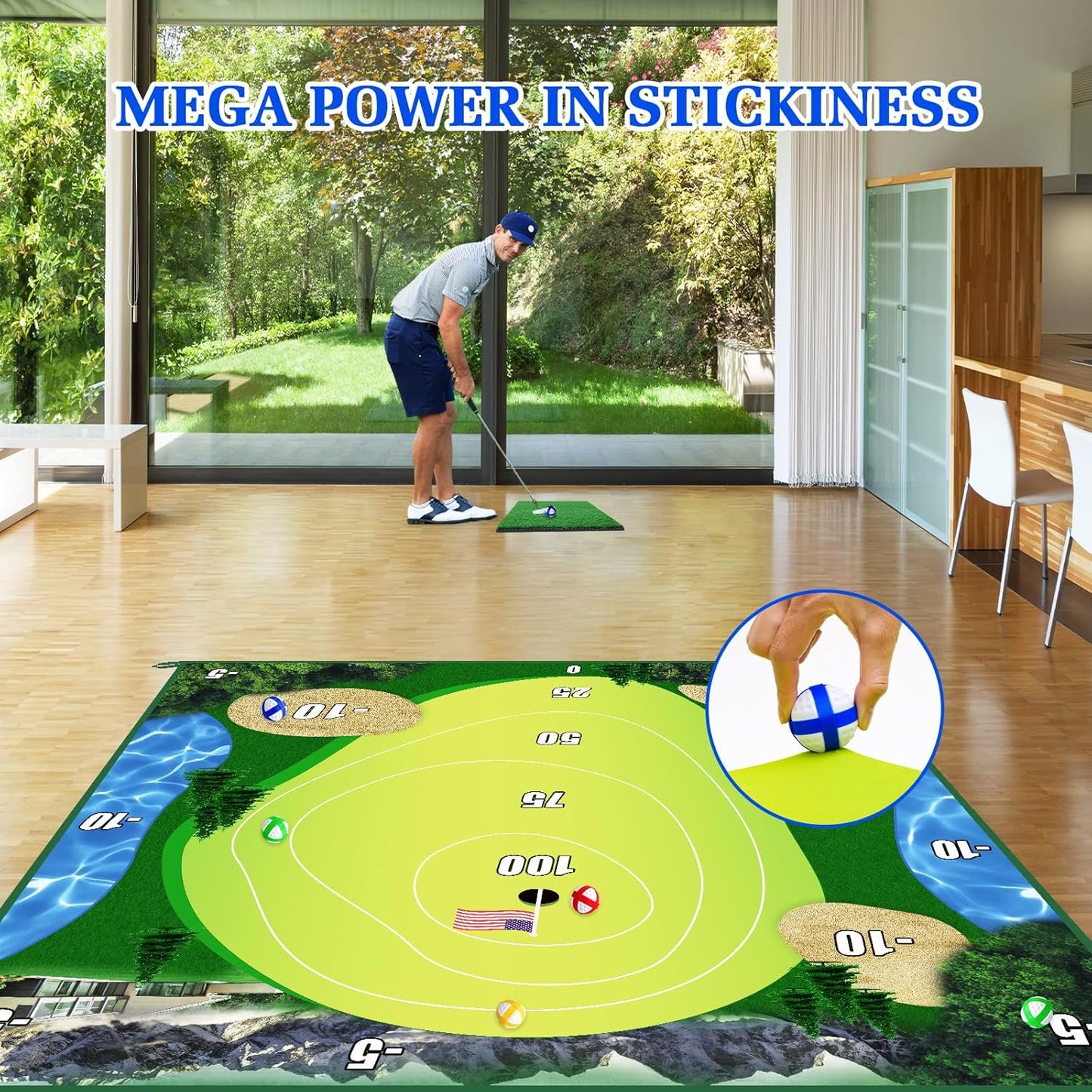 Golf Chipping Game with Hitting Mat, 70"x70" Double Sided Golf Practice Mat Kits with 20 Sticky Balls, Indoor Outdoor Golf Training Accessories for Adult Family Yard Game (No Club)