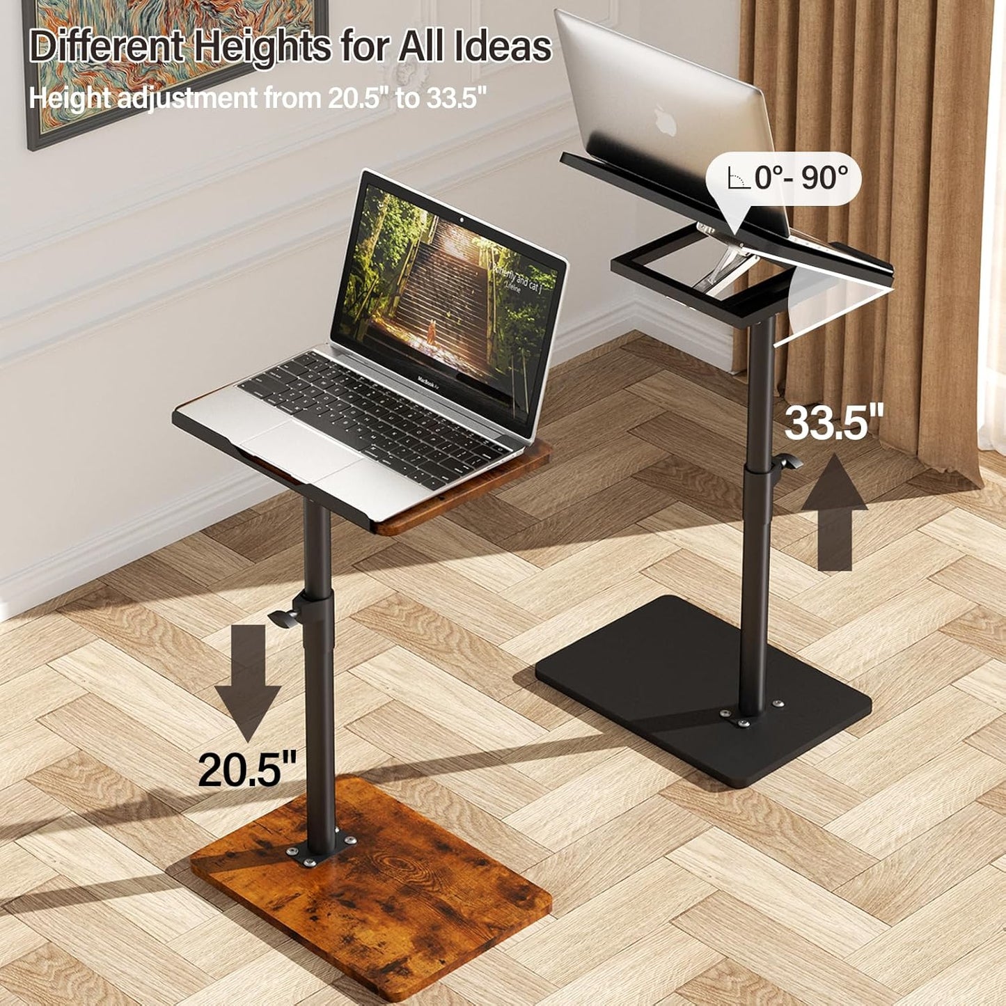 Sofa Armrest Tray Table for Couch - 360° Swivel Height Adjustable End for Small Spaces, Snack Side Table for Bed or Chair with Phone & Tablet Slot (Rich,Angle Adjustable)