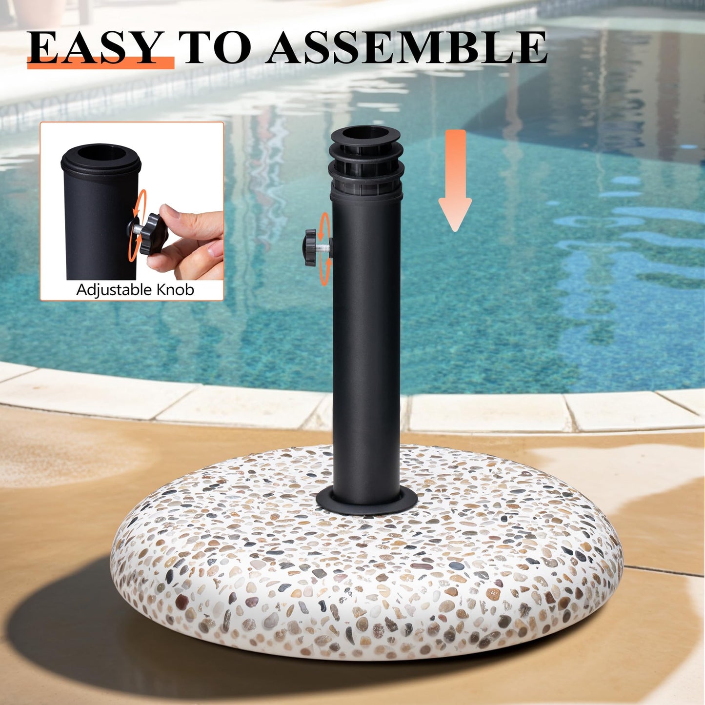 JOINHOM 45lbs Patio Umbrella Base, Outdoor Umbrella Stand, Concrete with Cobblestone Decor Heavy Duty Umbrella Holder Outdoor Base for Deck Poolside Yard (Cobblestone)