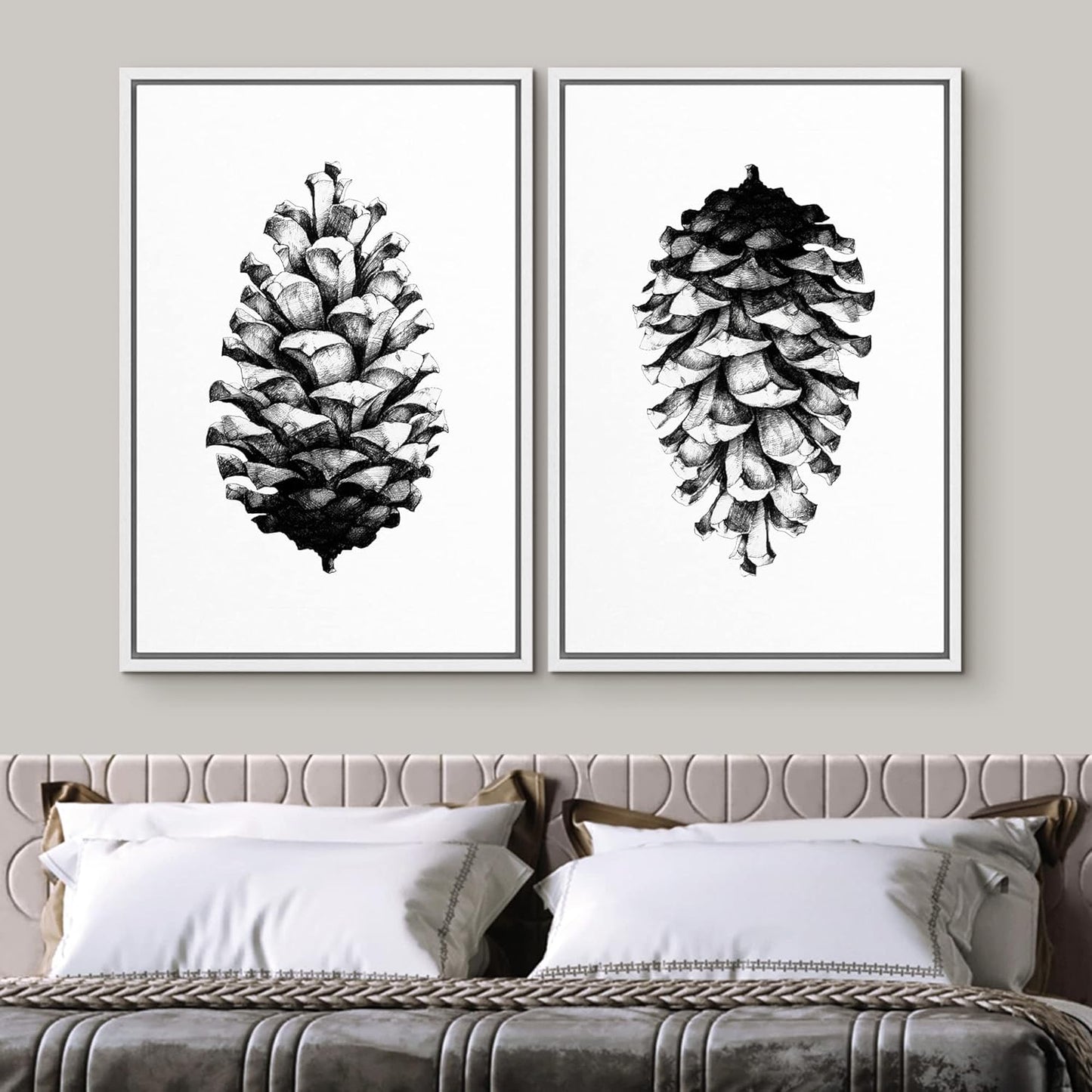 SIGNWIN Framed Canvas Print Wall Art Set Black & White Forest Woodland Pinecone Nature Wilderness Illustrations Modern Art Rustic Relax/Calm for Living Room, Bedroom, Office - 24"x36"x2 White