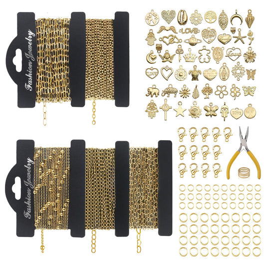 Ecoofor 14k Gold Necklace Chain for Jewelry Making, 16.6 Feet Total (5 Rolls) DIY Bracelet Chains with 300 Jump Rings, 50 Lobster Clasps, 1 Jewelry Pliers,1 Support Ring and 50 Pendants