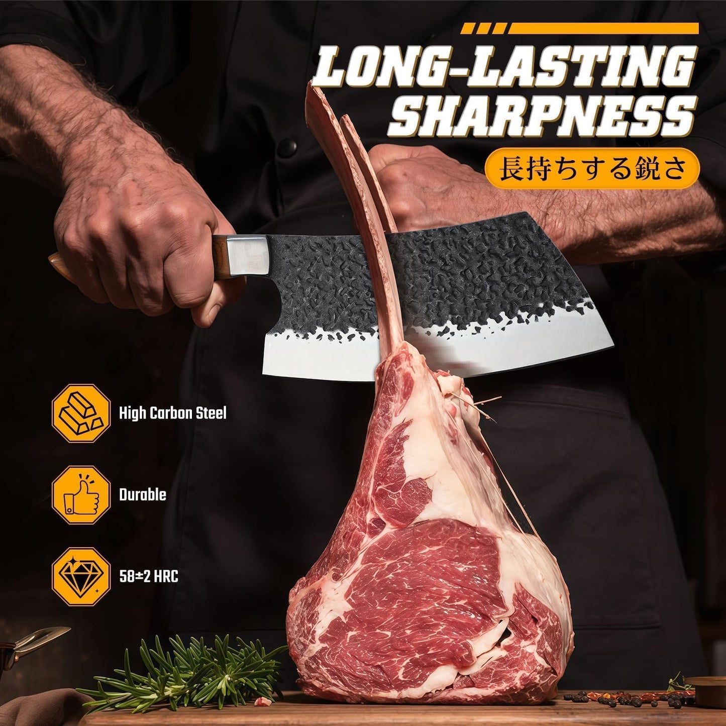Huusk Chef Knife Set 5Pcs - Hand Forged Meat Cleaver & Chef Viking Knife & Utility Knives, Kitchen Knives Set with Bag for Cooking, Outdoor Camping, BBQ, Gifts for Men